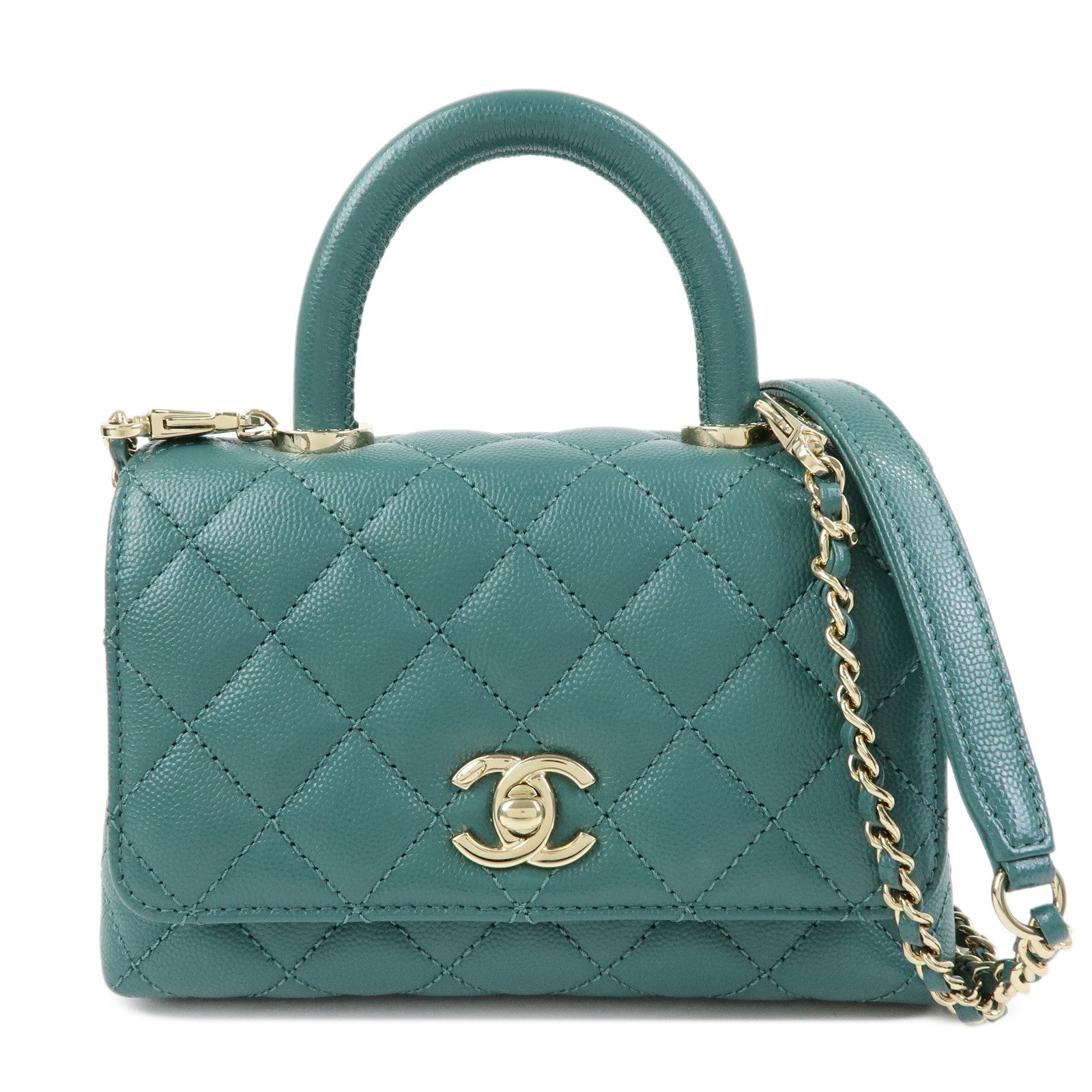 CHANEL Matelasse COCO Handle XXS Caviarskin 2Way Bag Green AS2215