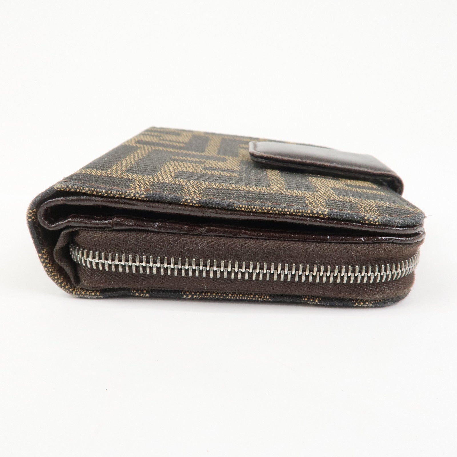 FENDI Zucca Canvas Leather Bi-fold Compact Wallet Brown Black 16348
