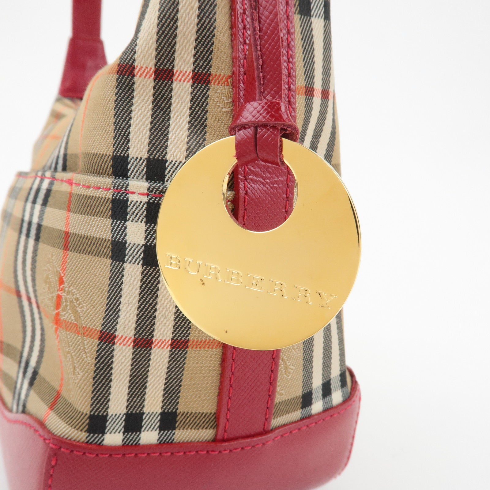 BURBERRY Nova Plaid Canvas Leather Shoulder Bag Red Used