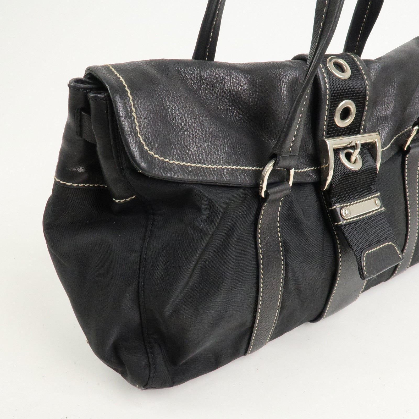 PRADA Triangle Logo Nylon Leather Shoulder Bag Black BR2418