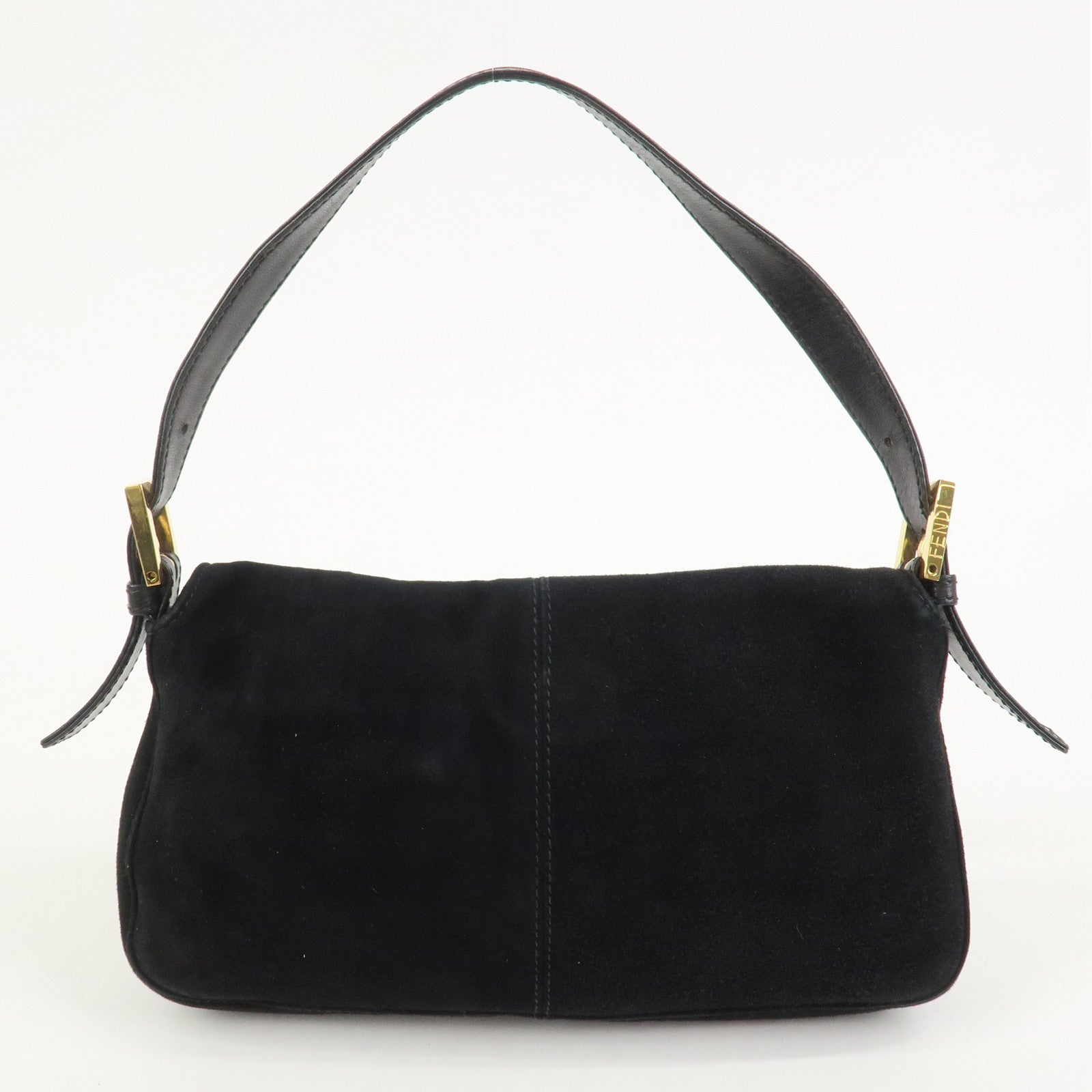 FENDI Mamma Baguette Logo Suede Shoulder Bag Black 26424