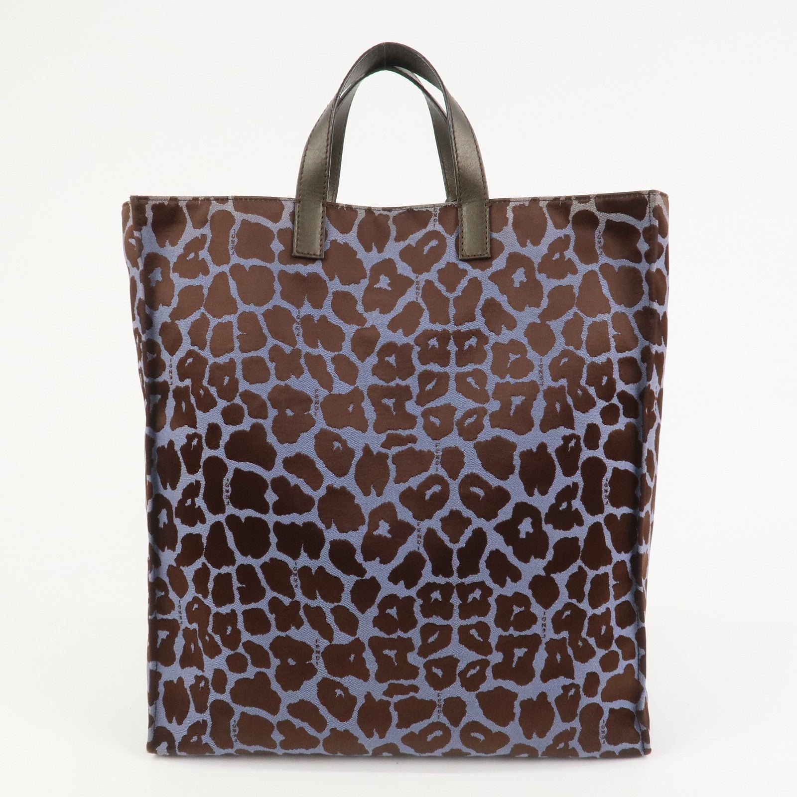 FENDI Leopard Canvas Satin Leather Tote Bag Hand Bag Blue 8BH173