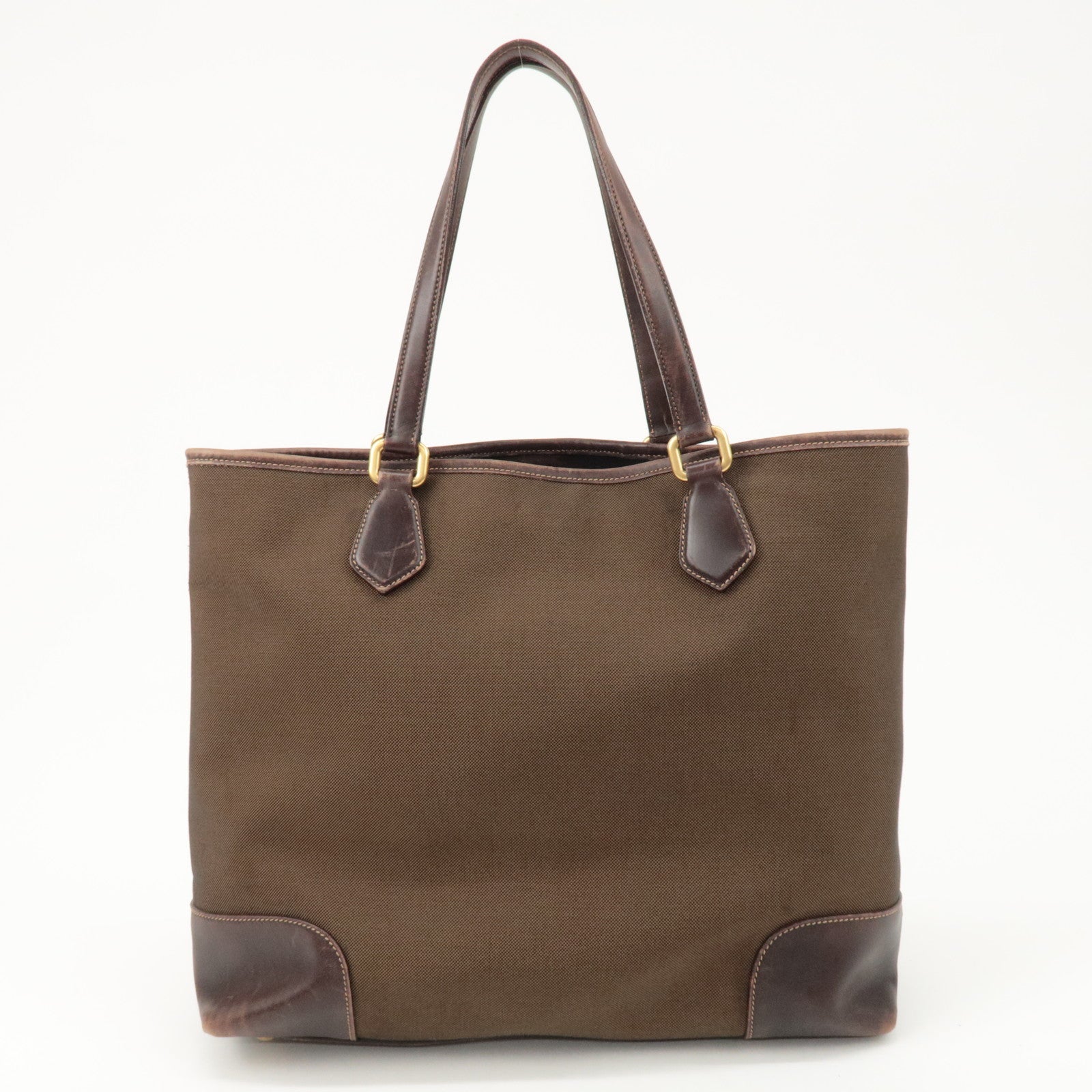 PRADA Triangle Logo Jacquard Leather 2Way Bag Tote Bag Brown Used