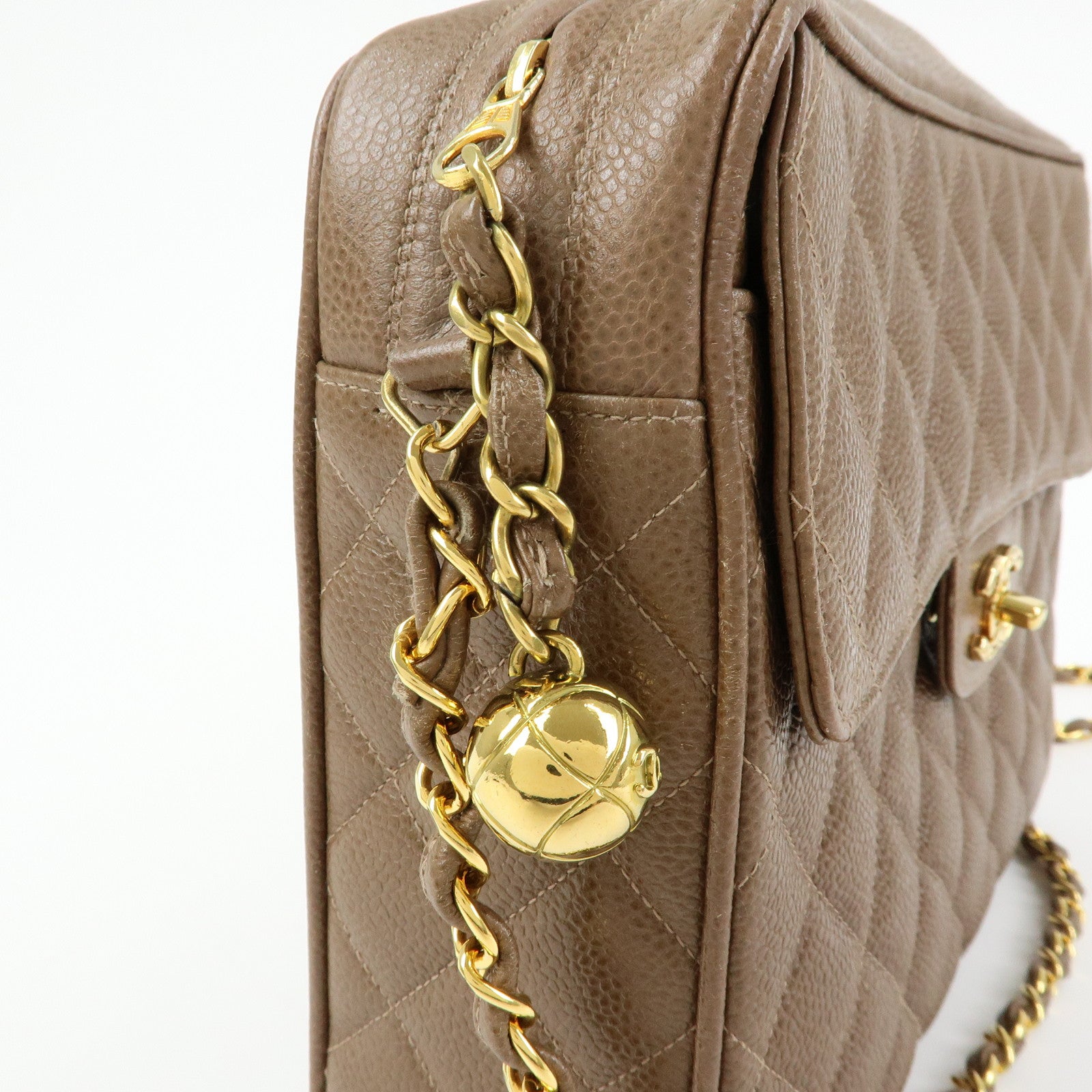 CHANEL Matelasse Cavairskin Chain Shoulder Bag Light Brown Marron