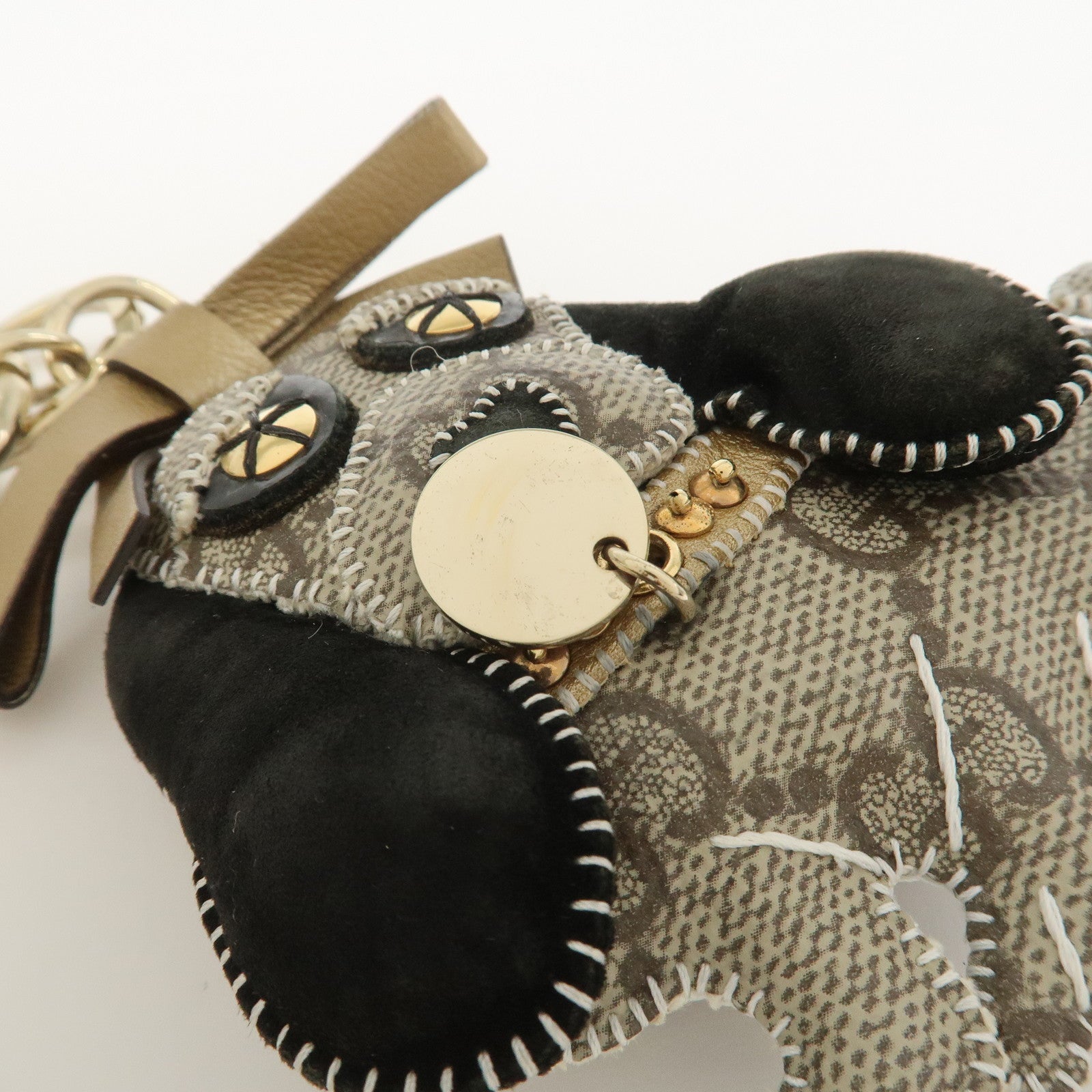 GUCCI GG Plus Suede Leather Bag Charm Key Chain Beige Black 206078