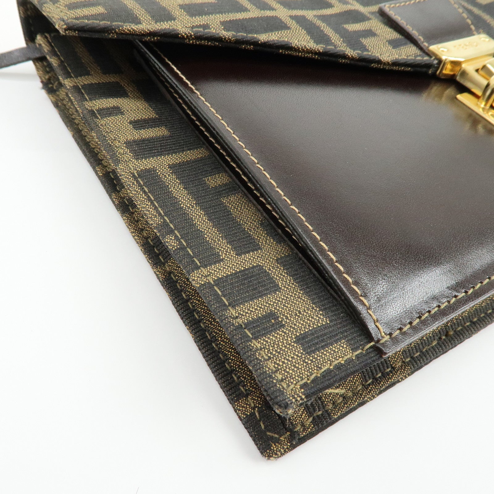 FENDI Zucca Canvas Leather Wrist Bag Clutch Bag Pouch Brown Black