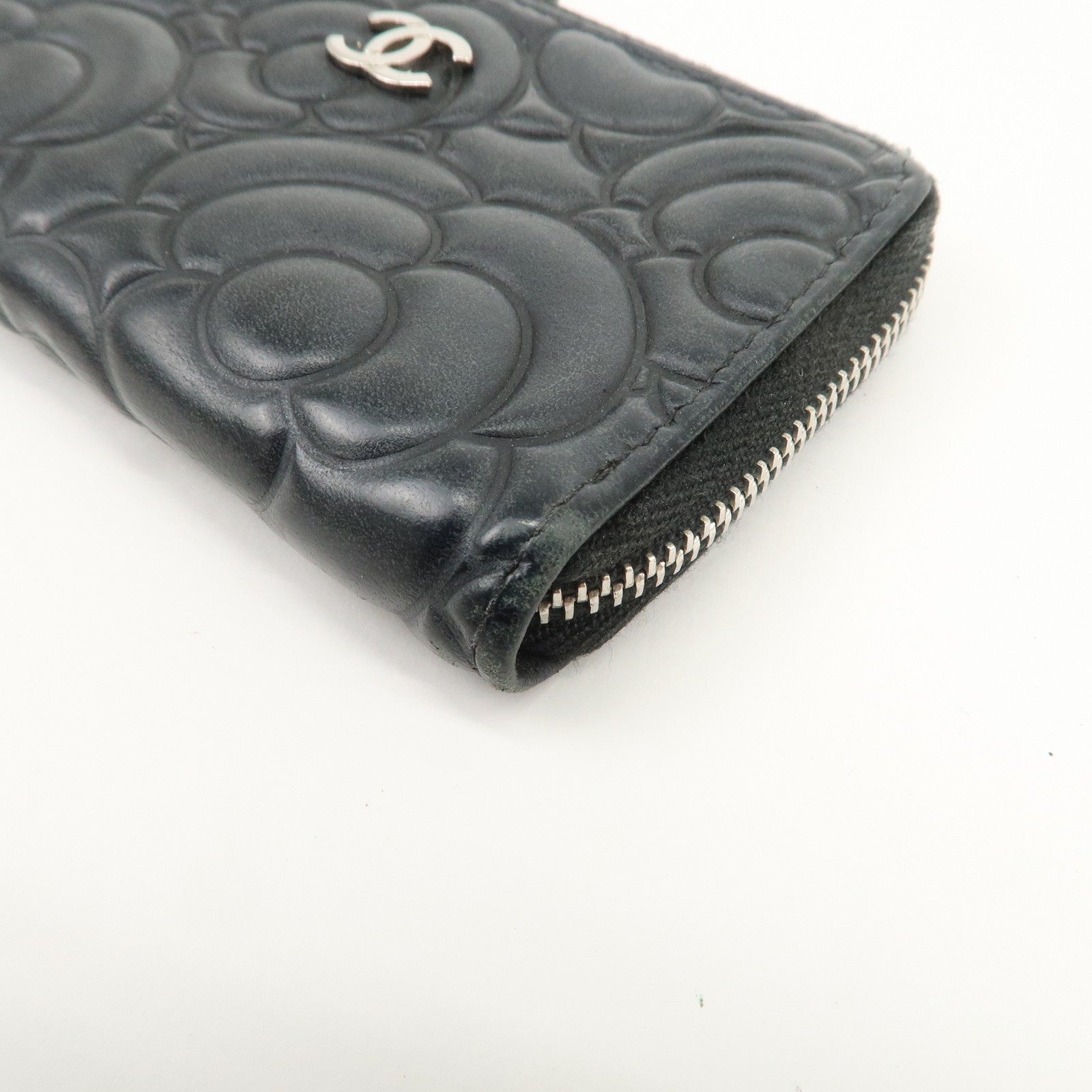 CHANEL Camellia Lamb Skin Coin Case Coin Purse Black