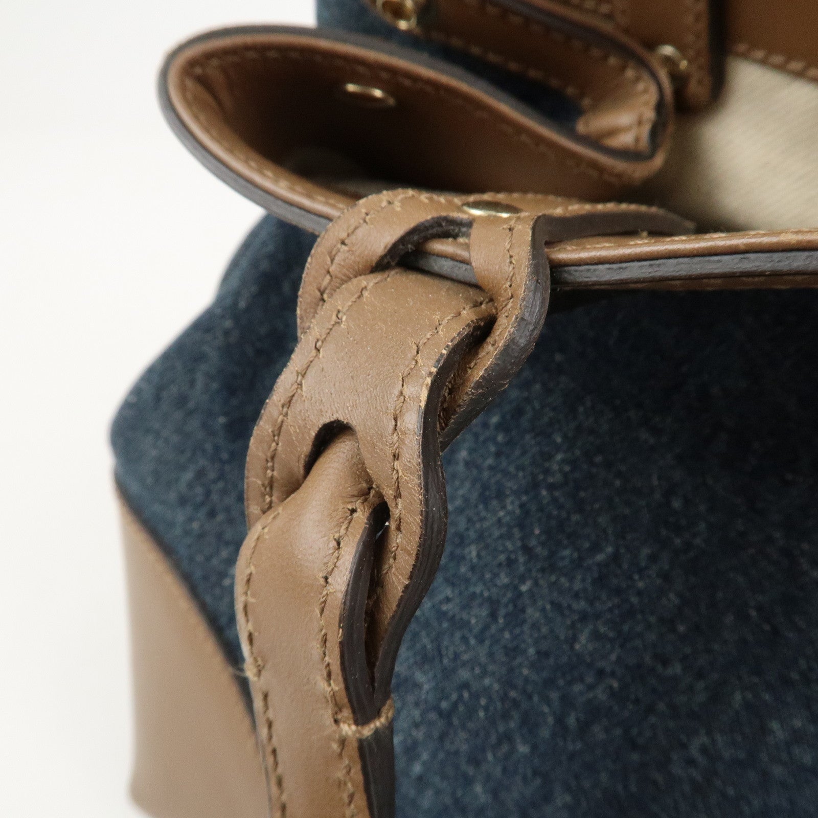 GUCCI Craft Denim Leather Tote Bag Hand Bag Navy Brown 348715