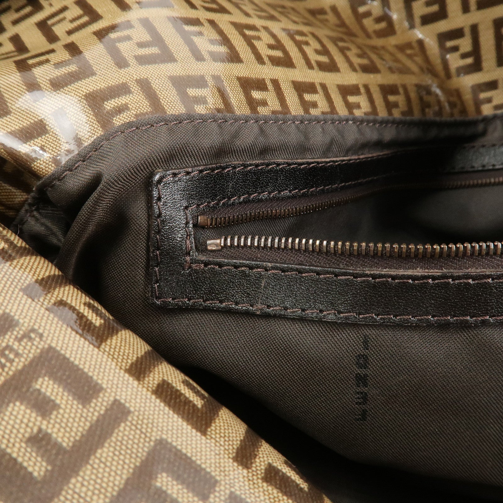 FENDI Zucchino PVC Canvas Leather Shoulder Bag Brown 8BR002