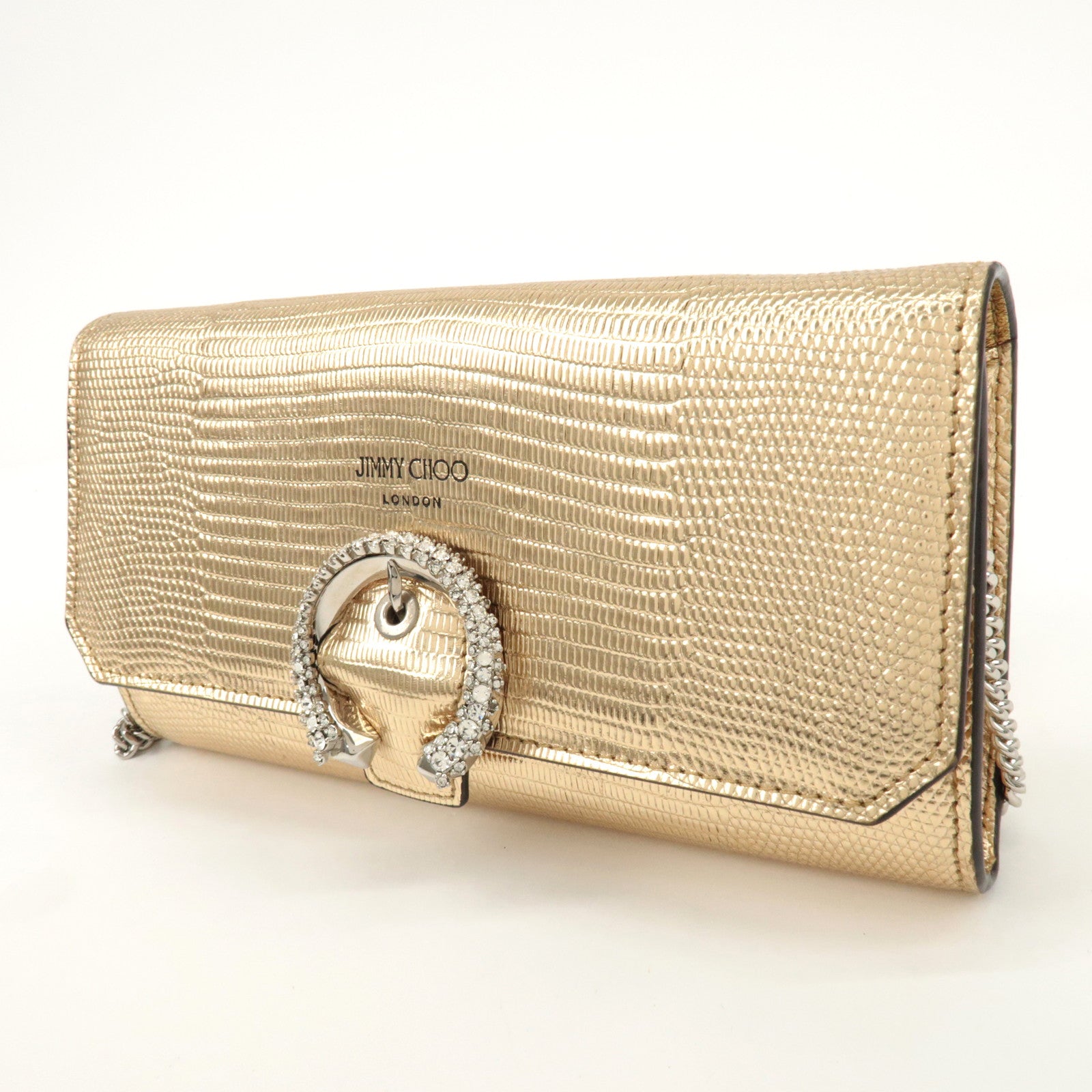 JIMMY CHOO Leather Rhine Stone Chain Wallet Gold Silver HDW Used