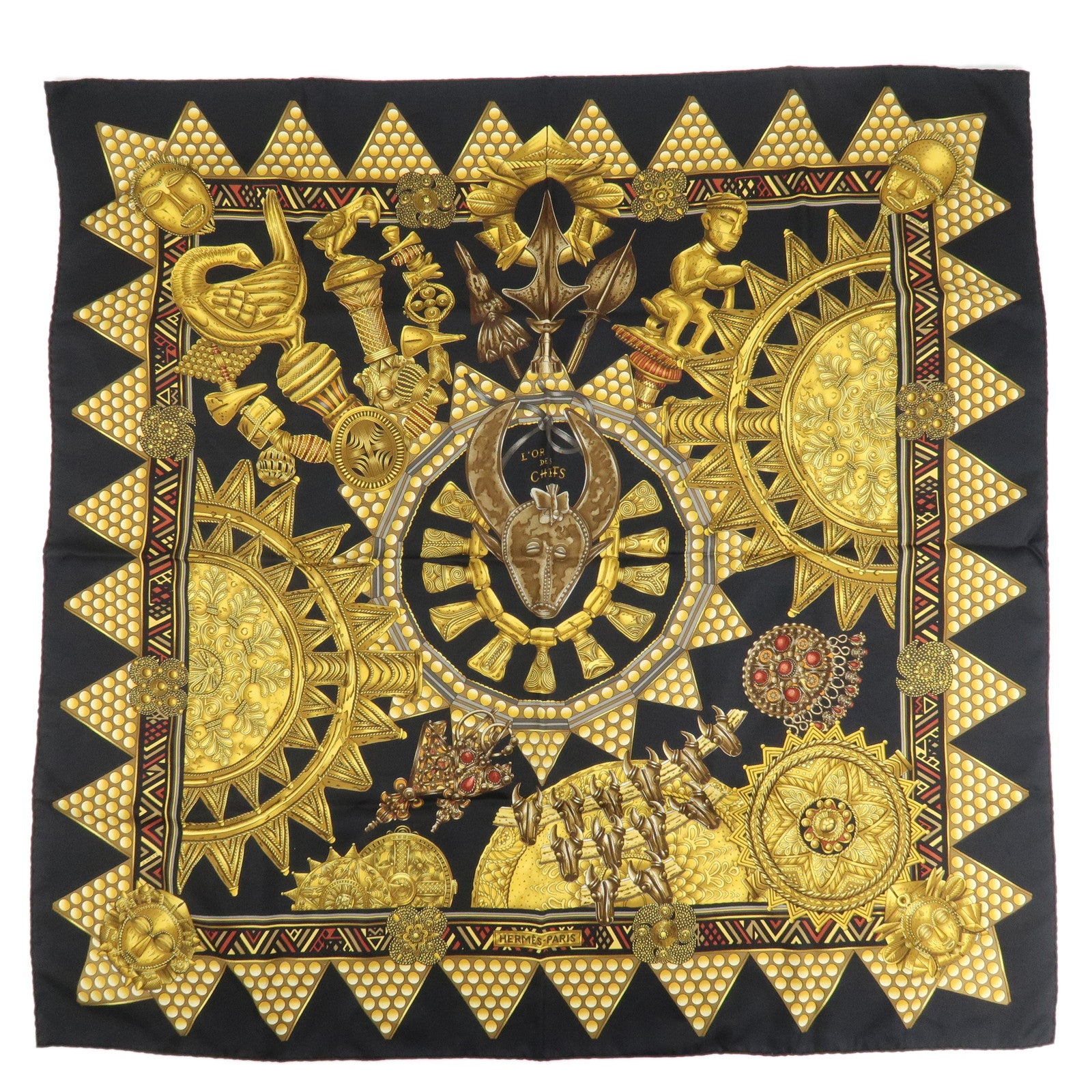 HERMES Carre 90 Silk 100% Scarf L'OR DES CHEFS Black Yellow