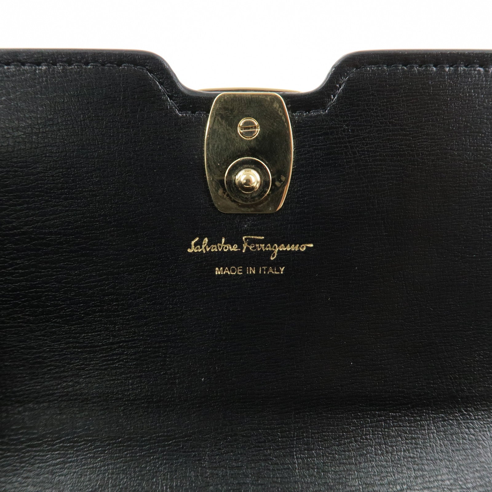 Ferragamo Vara Ribbon Leather Bifold Wallet Black Gold HDW Used