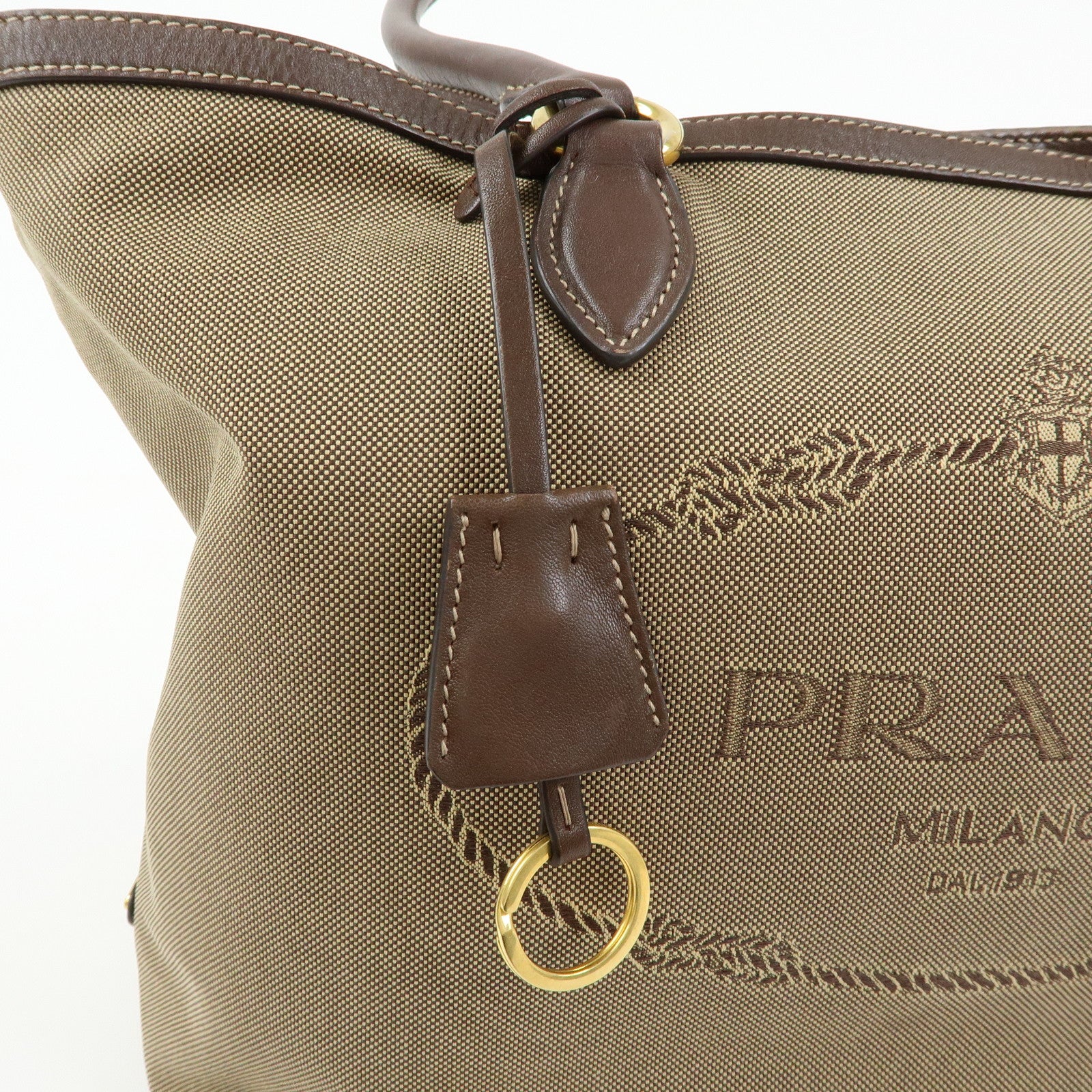PRADA Triangle Logo Jacquard Leather Tote Shoulder Bag Beige Brown