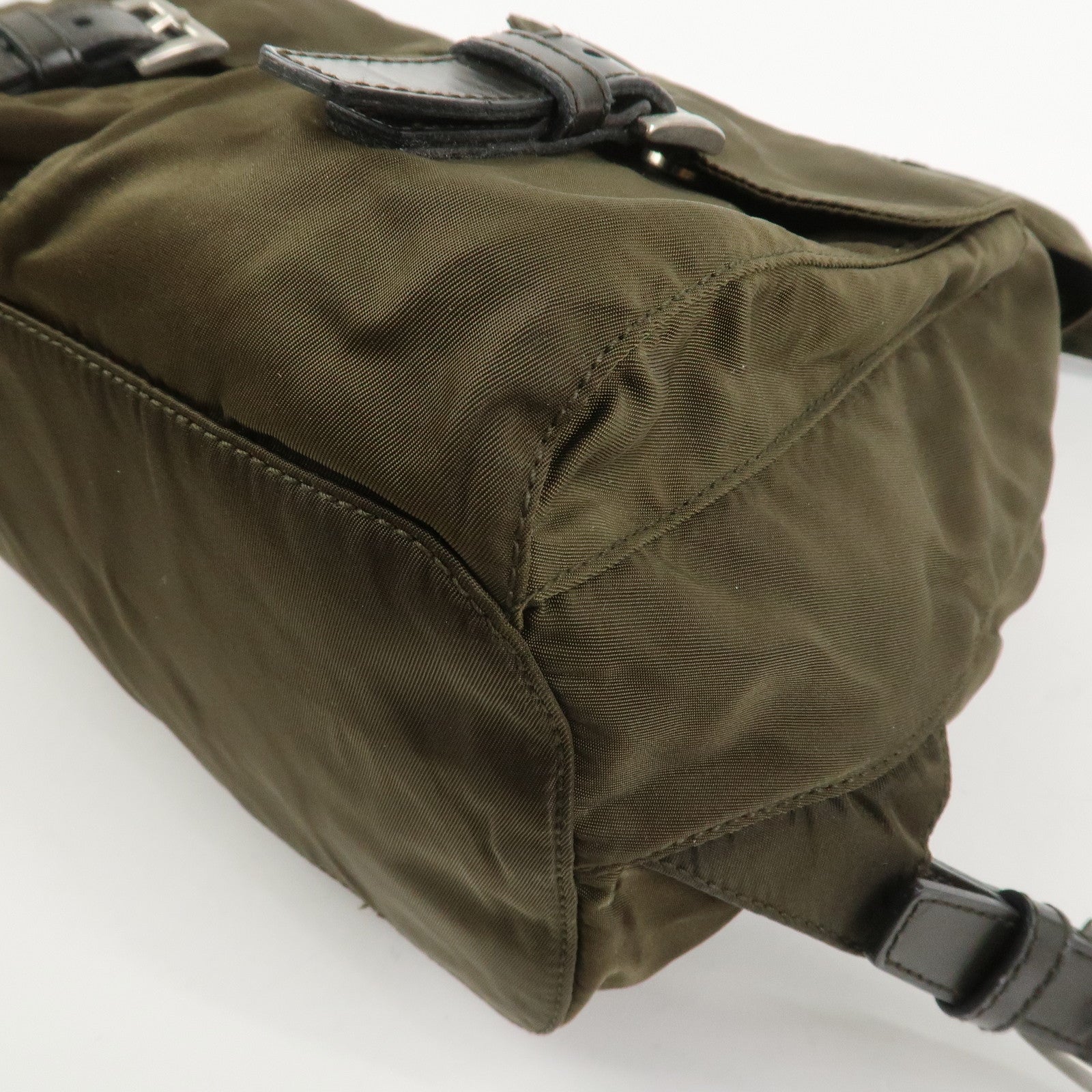 PRADA Triangle Logo Nylon Leather Backpack Rucksack Khaki B6677