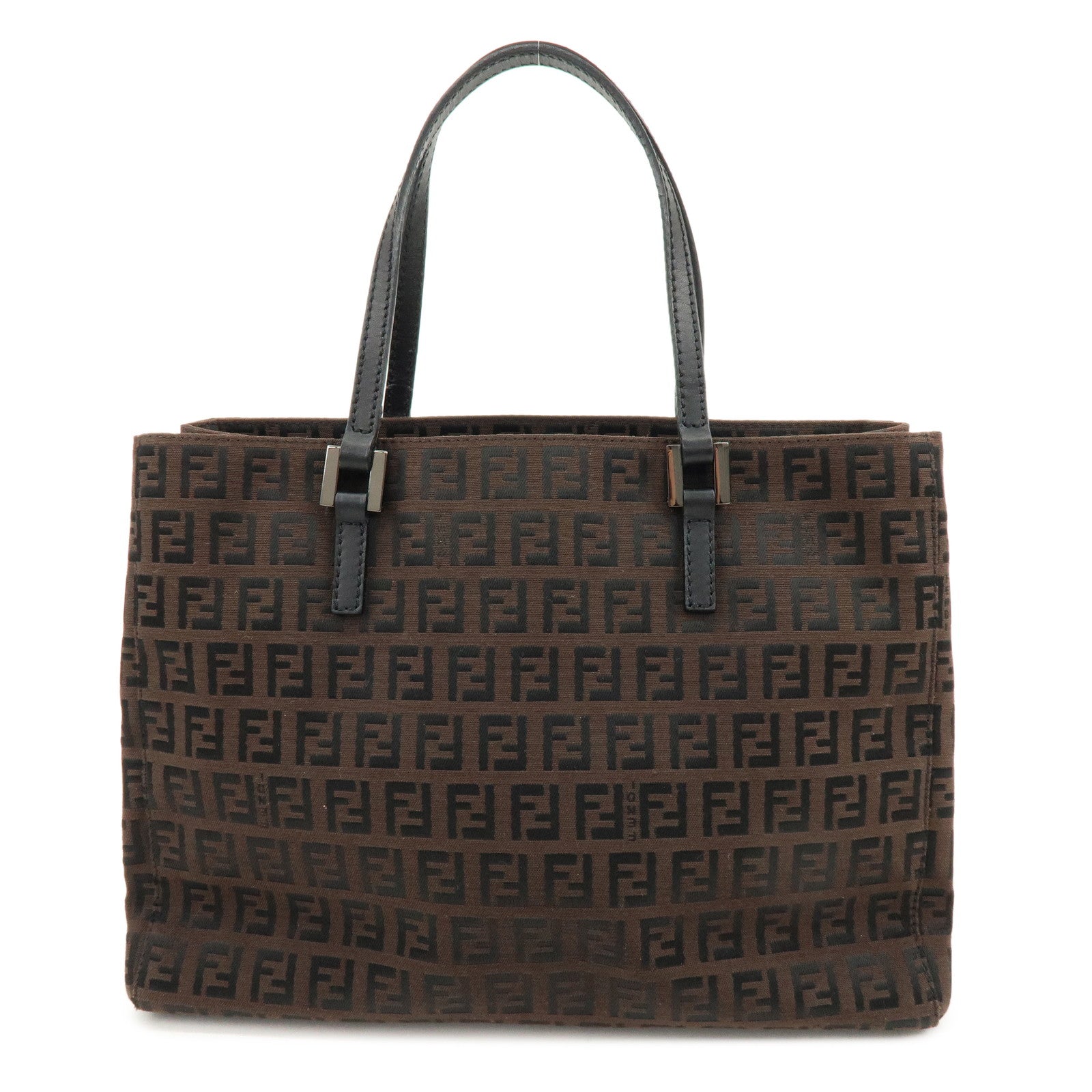 FENDI Zucchino Canvas Leather Tote Bag Shoulder Bag Brown Black