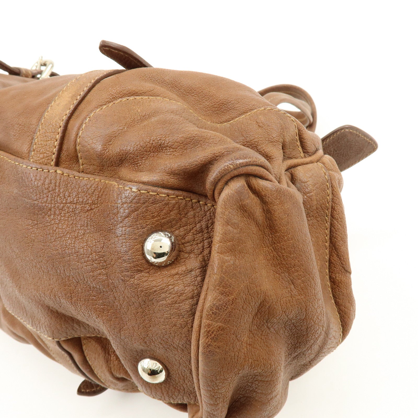 PRADA Triangle Logo Leather Boston Bag Hand Bag Doctor Bag Brown