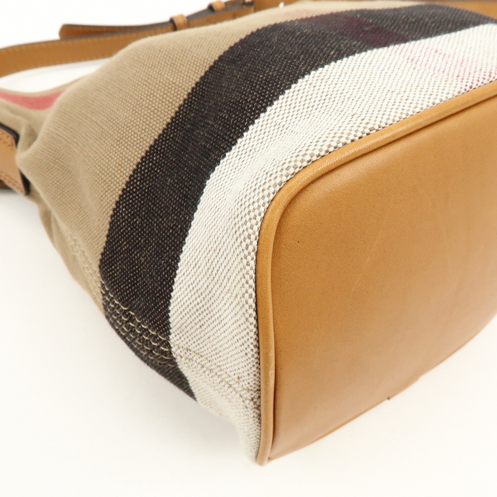 BURBERRY Nova Plaid Canvas Leather Tassel Shoulder Bag Beige Camel