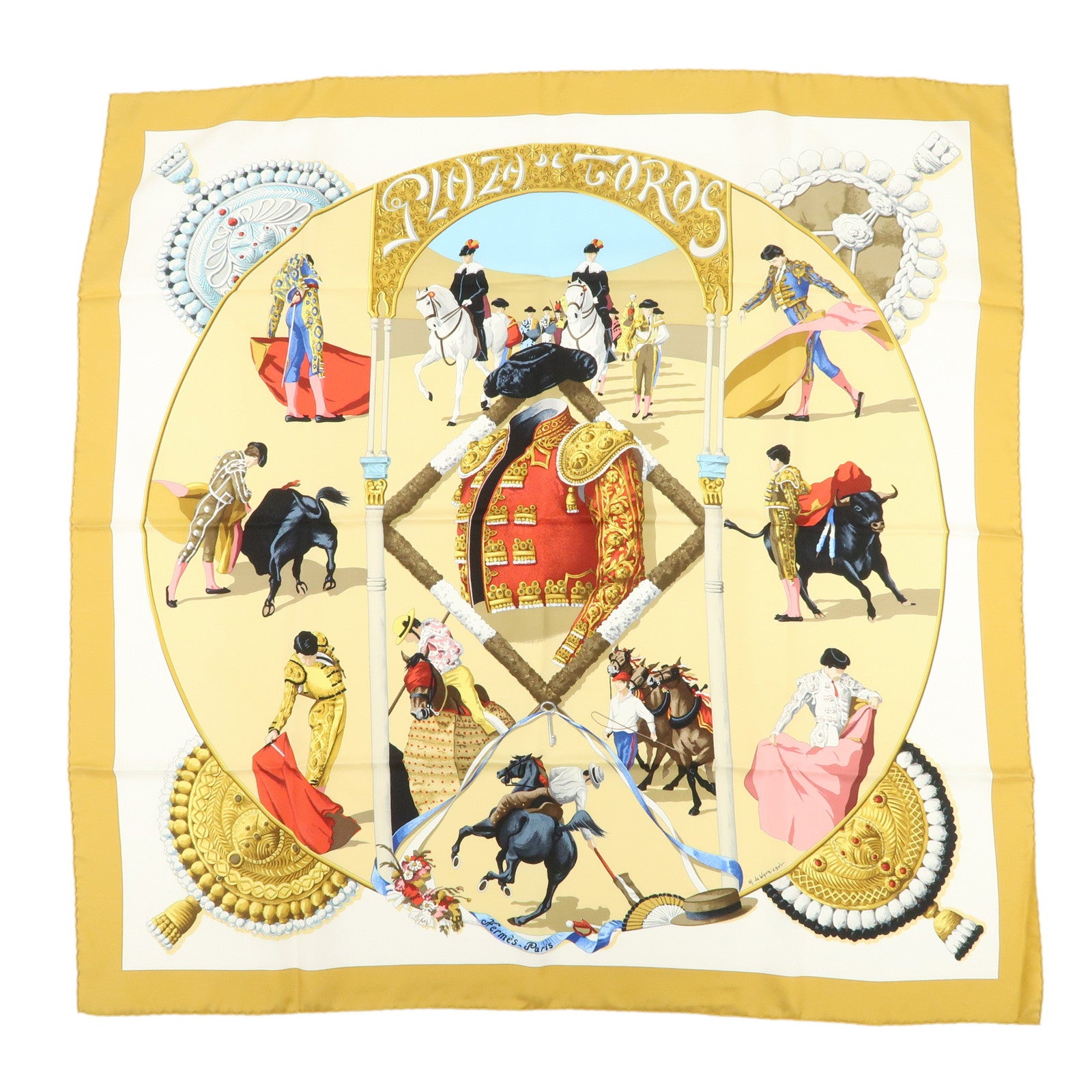 HERMES Carre 90 Silk 100% Scarf Plaza de Toros Bullring Gold Beige