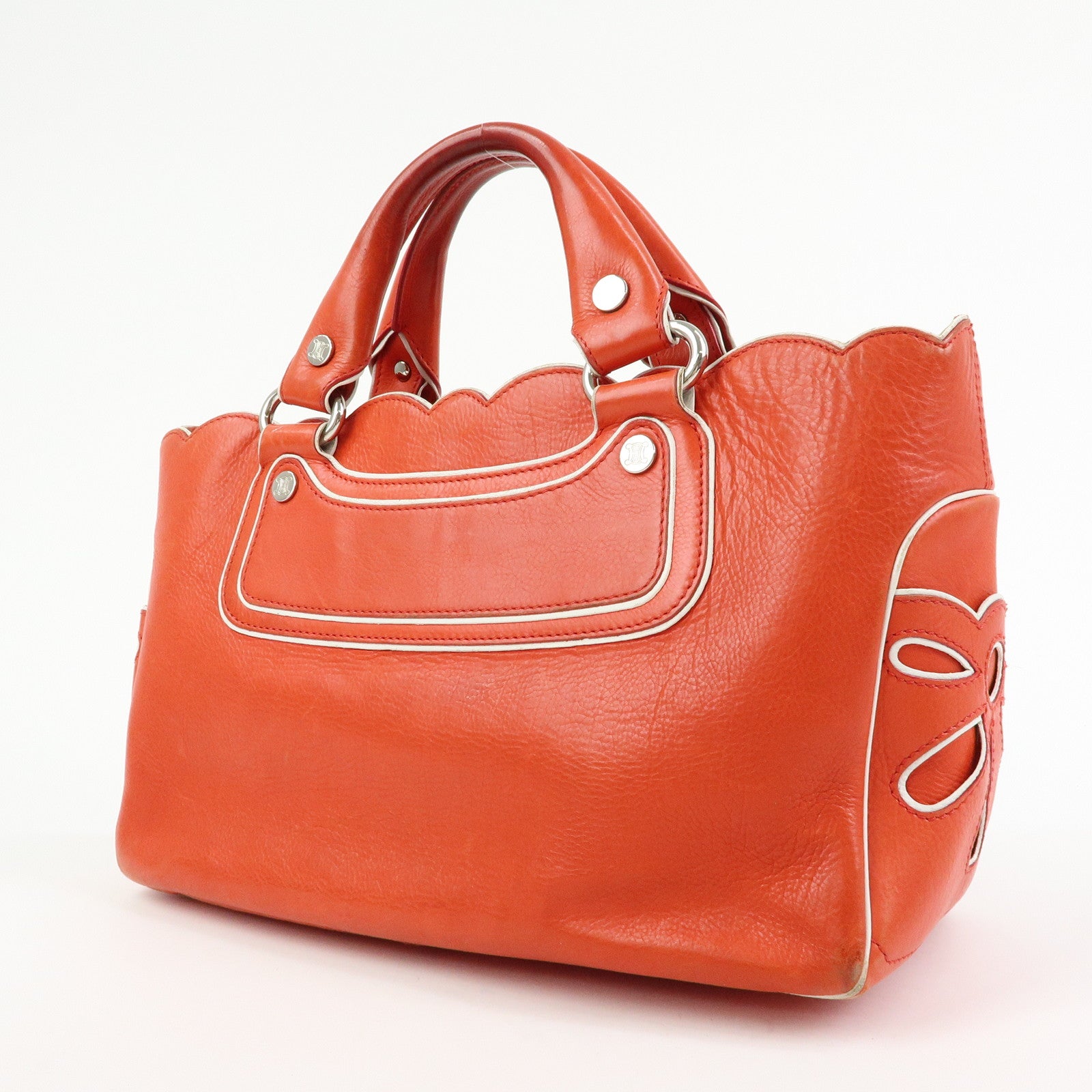 CELINE Scalloped Boogie Bag Leather Hand Bag Tote Bag Orange White
