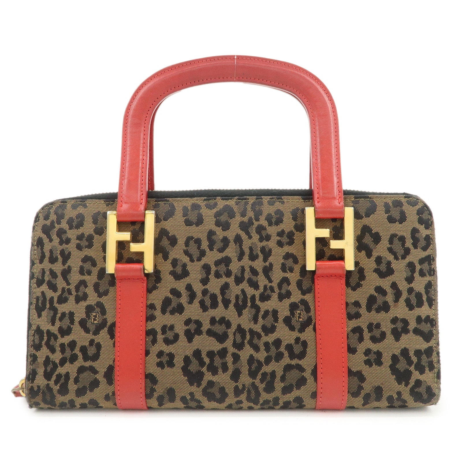 FENDI Logo Canvas Leather Hand Bag Leopard Red 26347