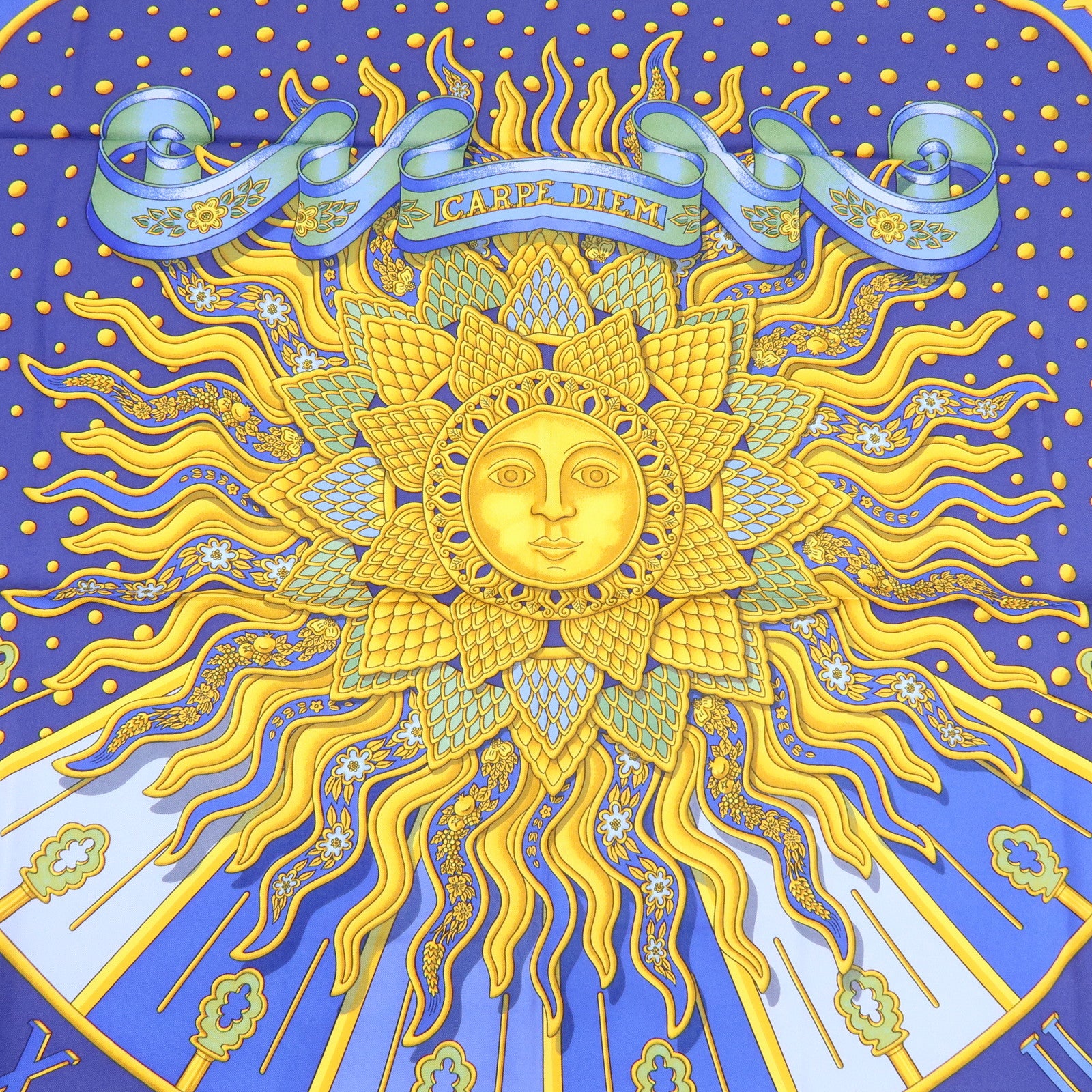 HERMES Carre 90 Silk 100% Scarf CARPE DIEM Blue Yellow