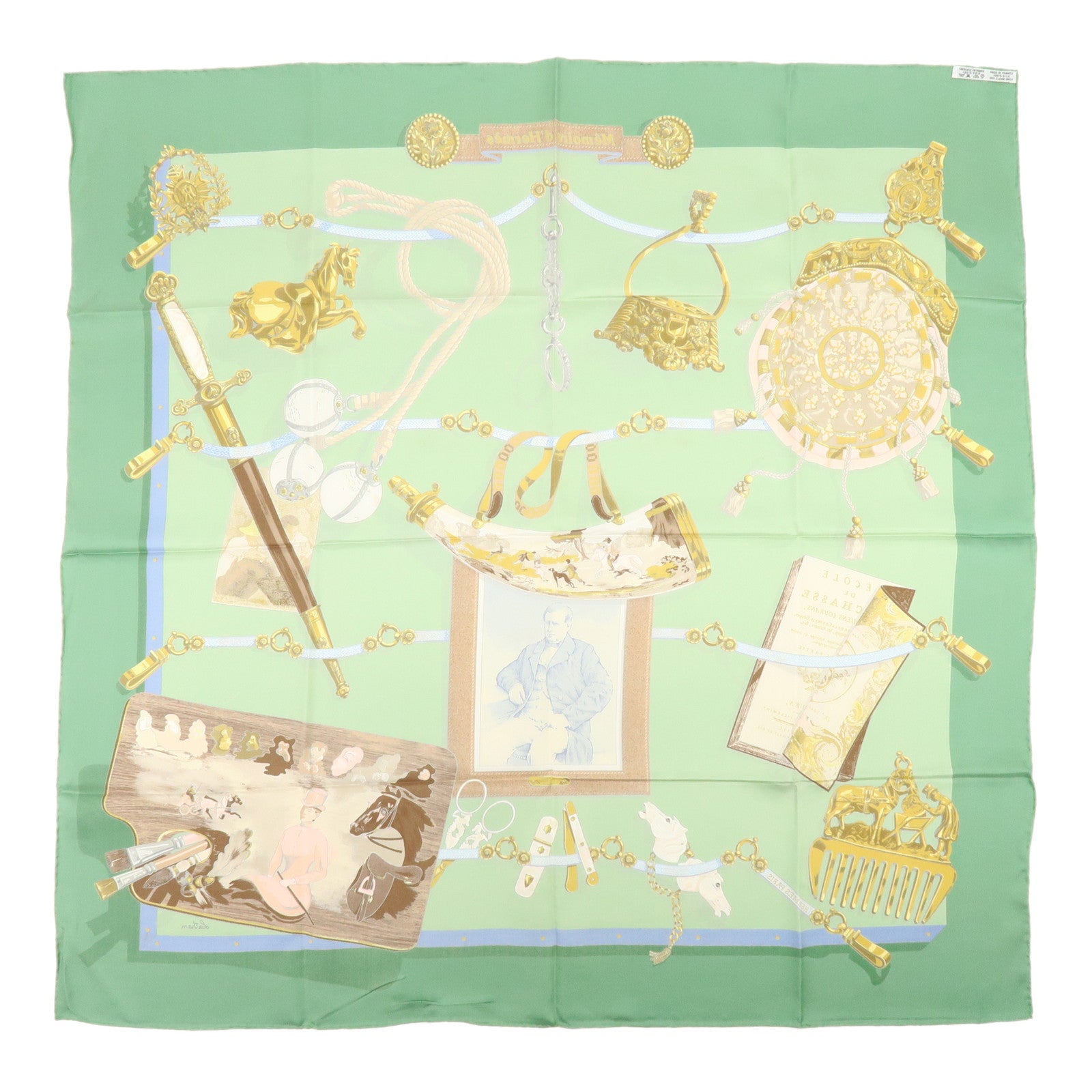 HERMES Carre 90 Silk 100% Memoire d'Hermes Scarf Green Brown Gold