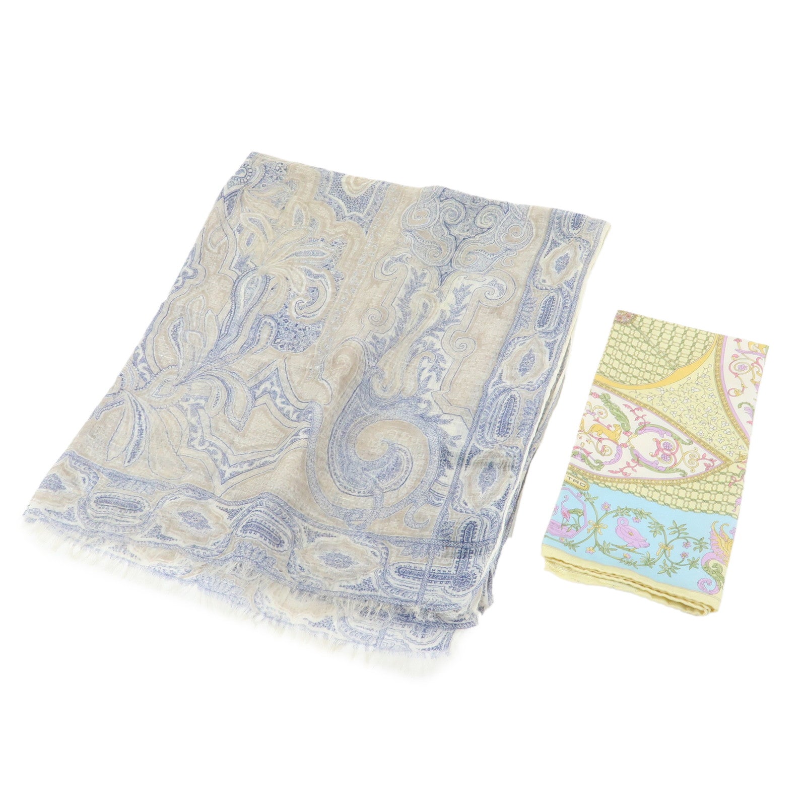 ETRO Set of 2 Silk Linen Scarf Peisley Flower Beige Yellow Blue