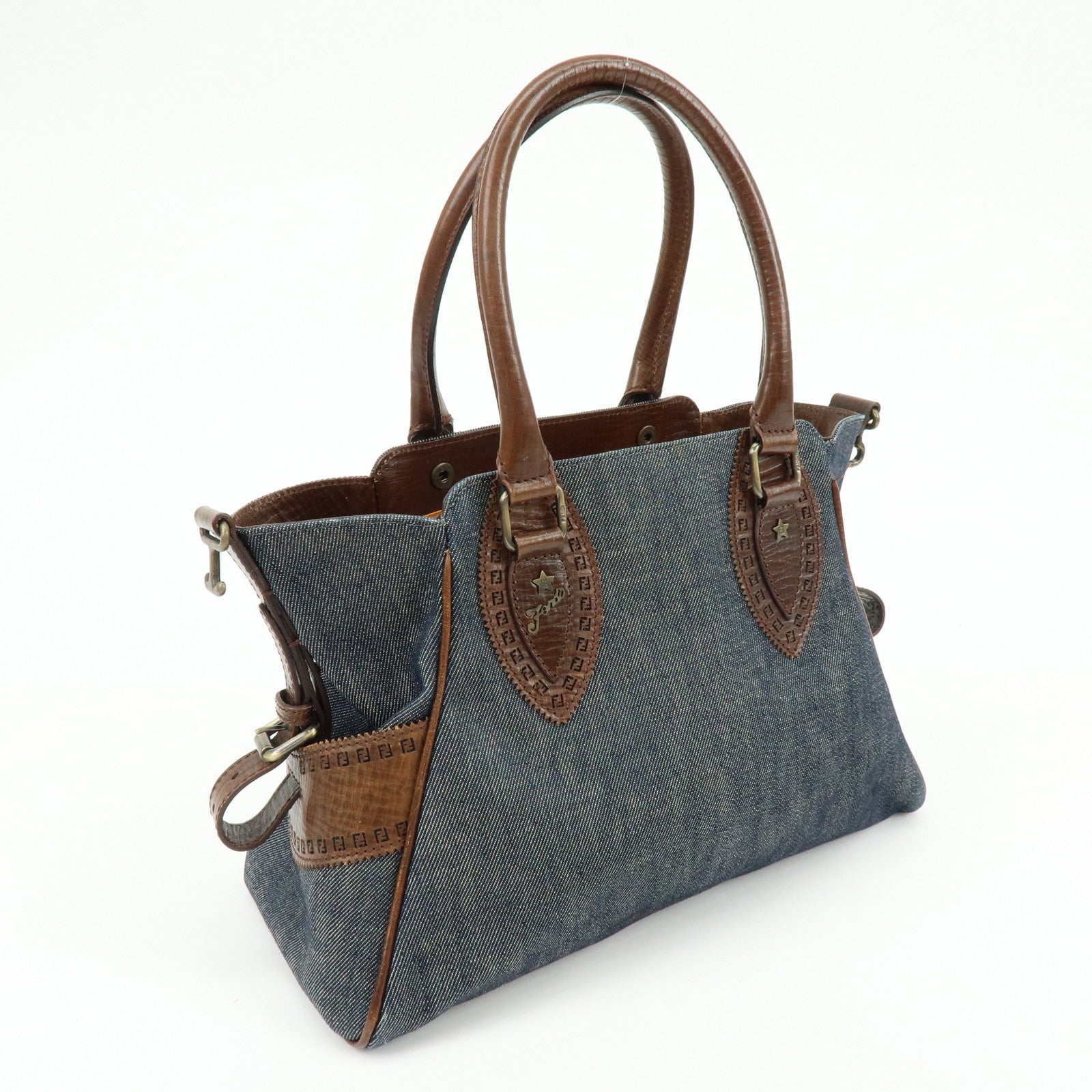 FENDI Etnico Zucca Denim Leather Shoulder Bag Blue Brown 8BN157