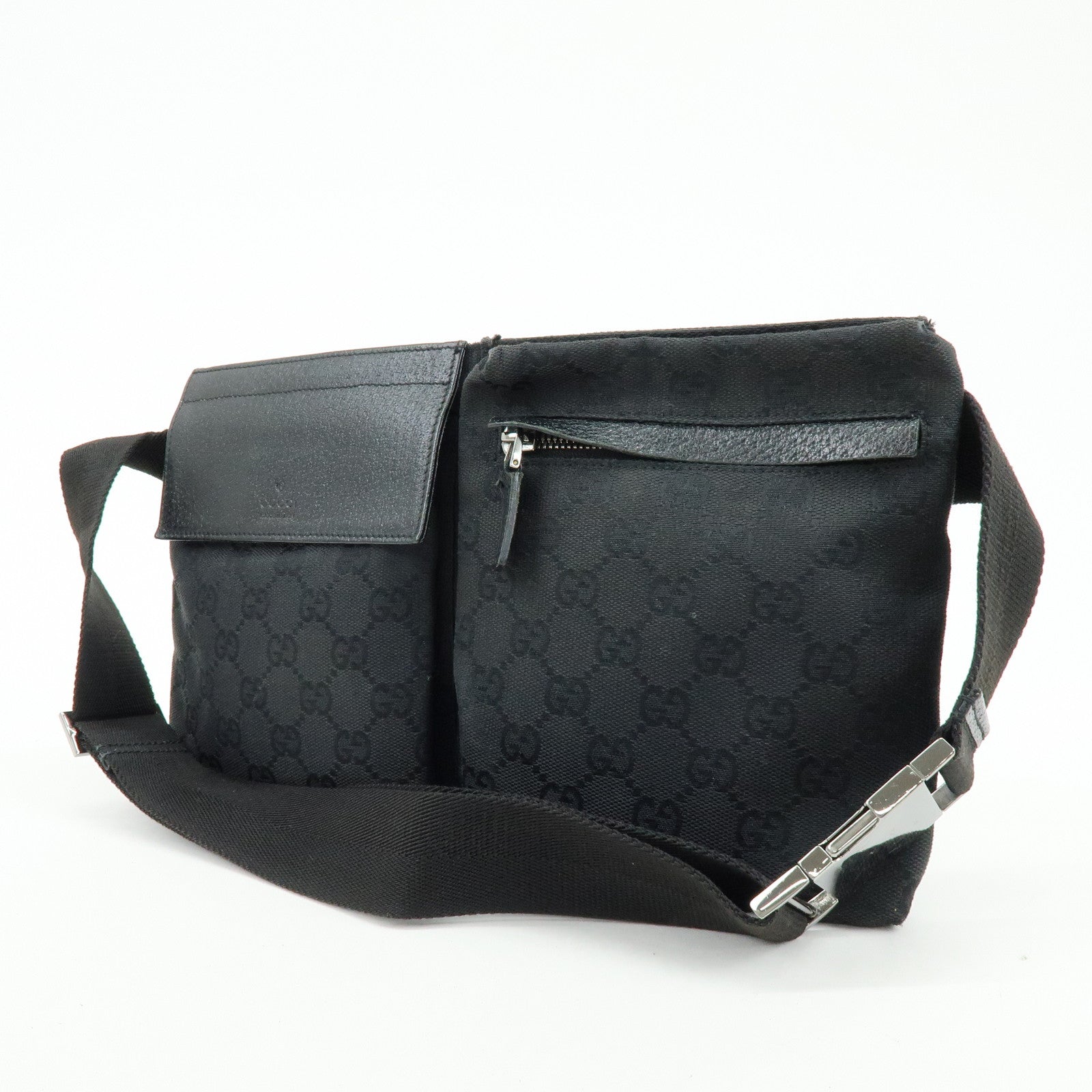 GUCCI GG Canvas Leather Waist Bag Crossbody Bag Black 28566