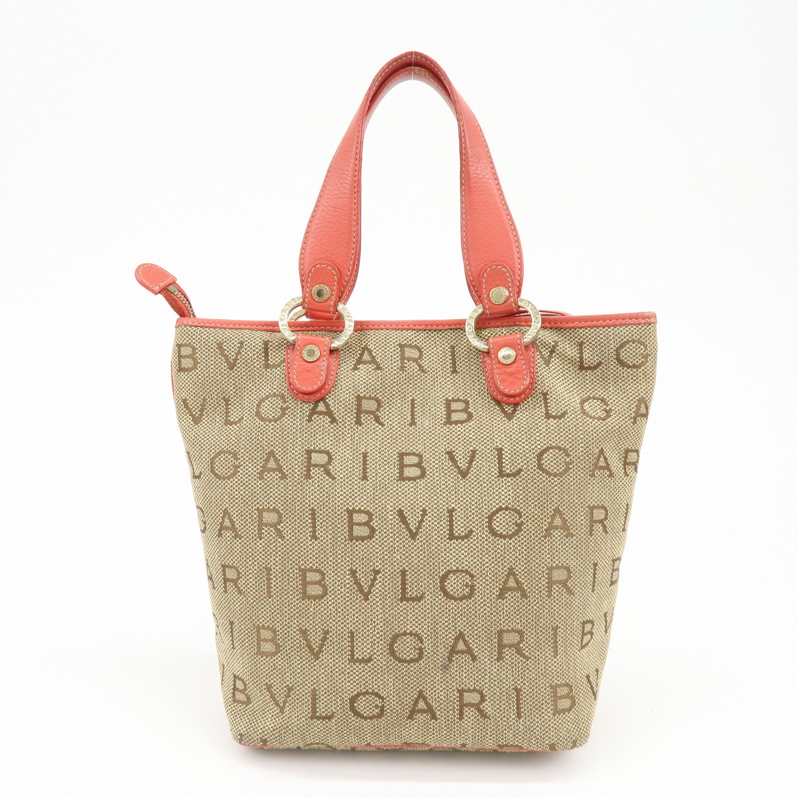 BVLGARI Logo Mania Jacquard Leather Tote Bag Hand Bag Beige Red