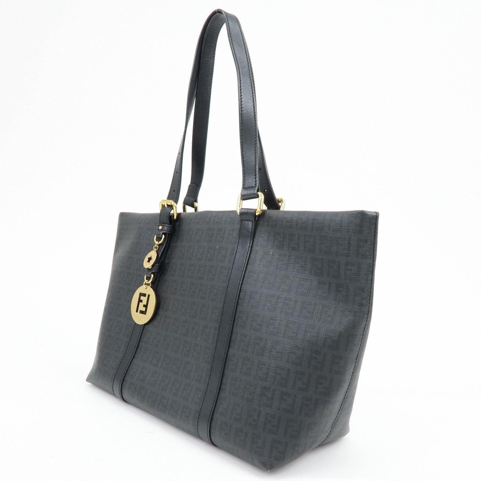 FENDI Zucchino PVC Leather Tote Bag Shoulder Bag Black Charm 8BH215