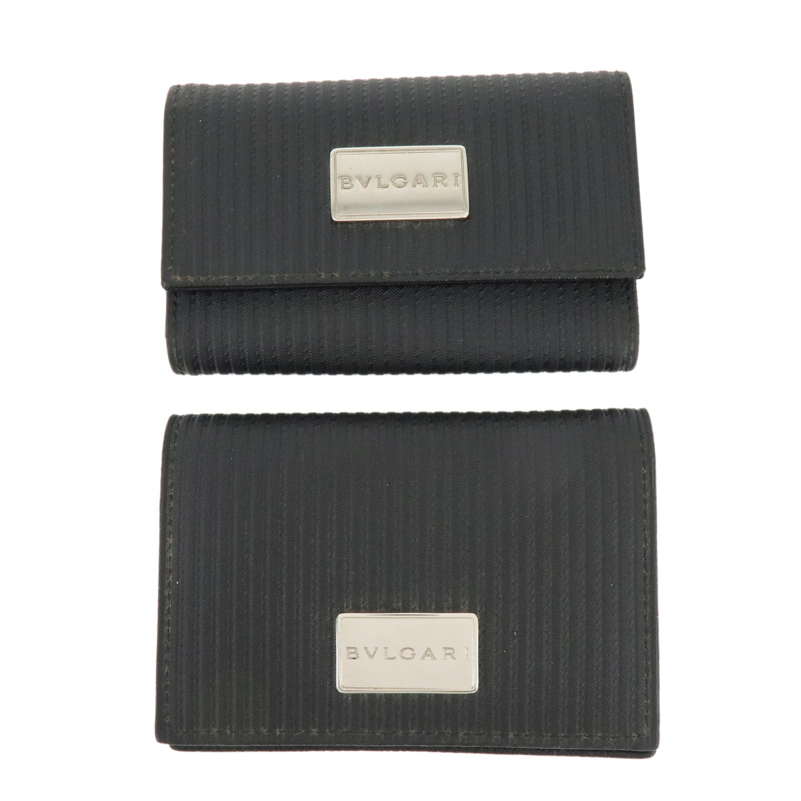 BVLGARI Millerighe Set of 2 PVC Leather Card Case Key Case Black