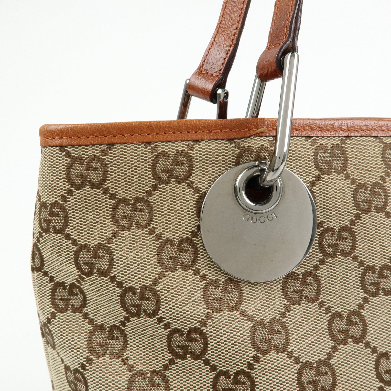 GUCCI GG Canvas Leather Tote Bag Shoulder Bag Beige Camel 120837
