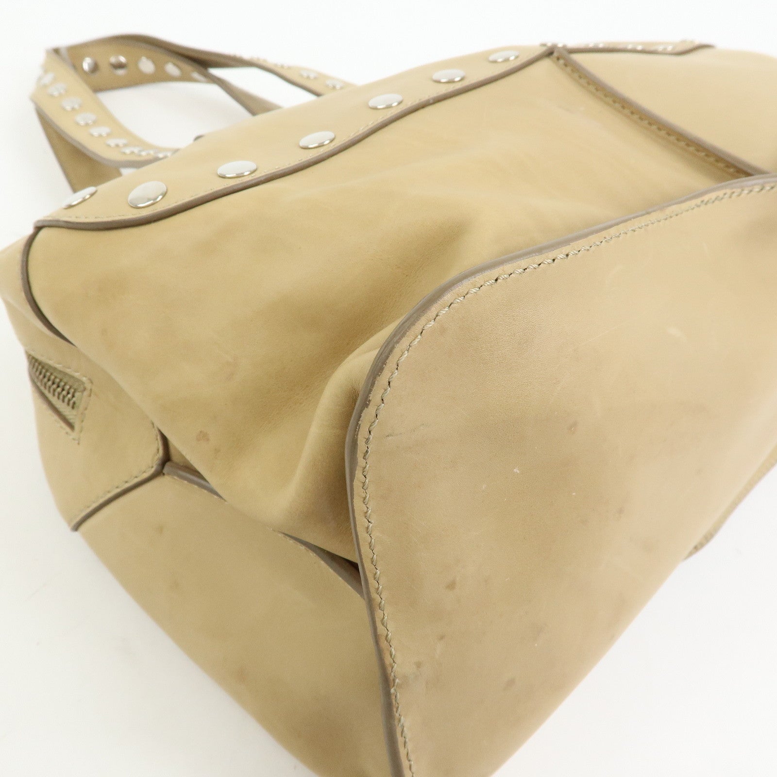 CELINE Leather Hand Bag Bowling Bag Beige Studs