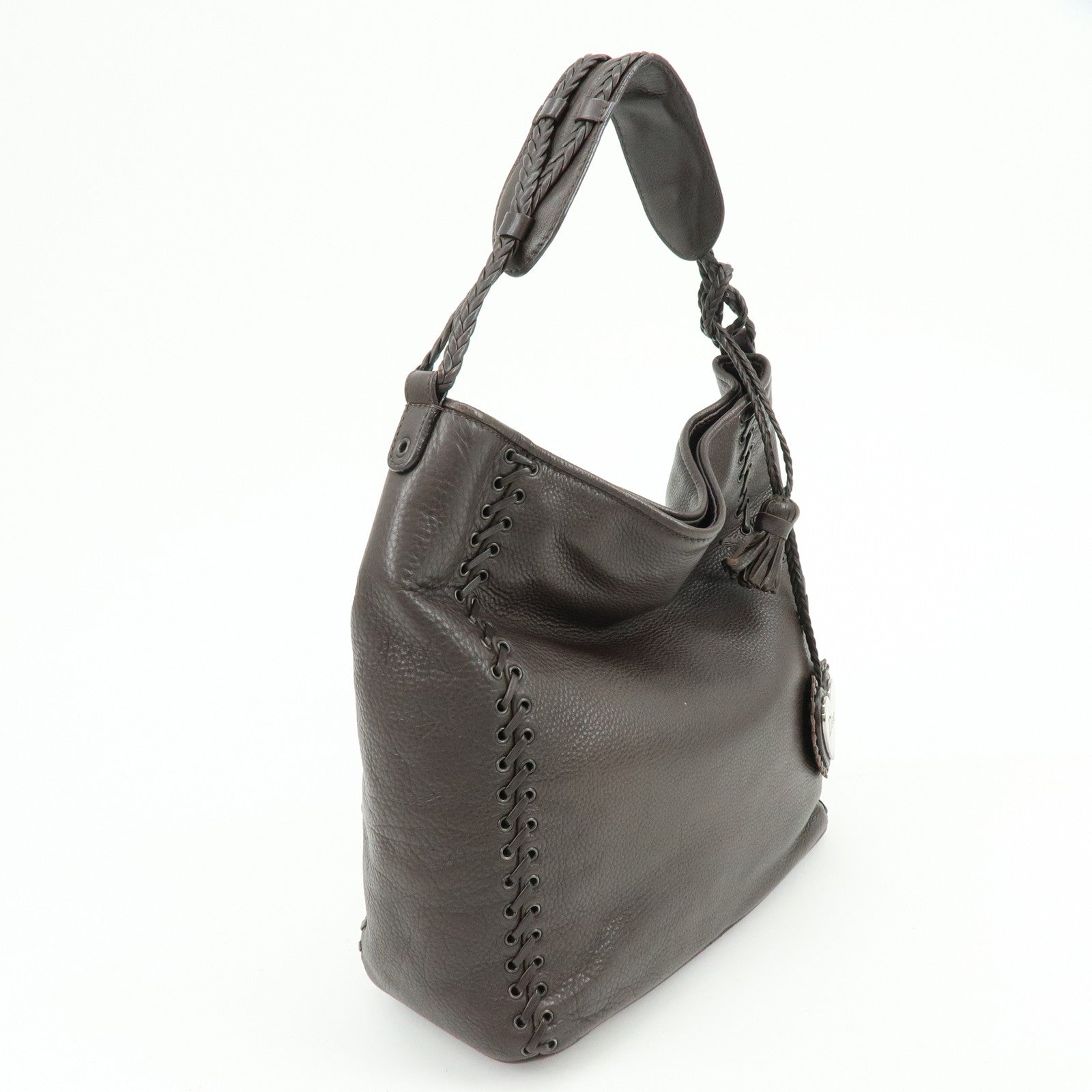 Christian Dior Leather Shoulder Bag Ethnic Heart Tassel Charm Brown