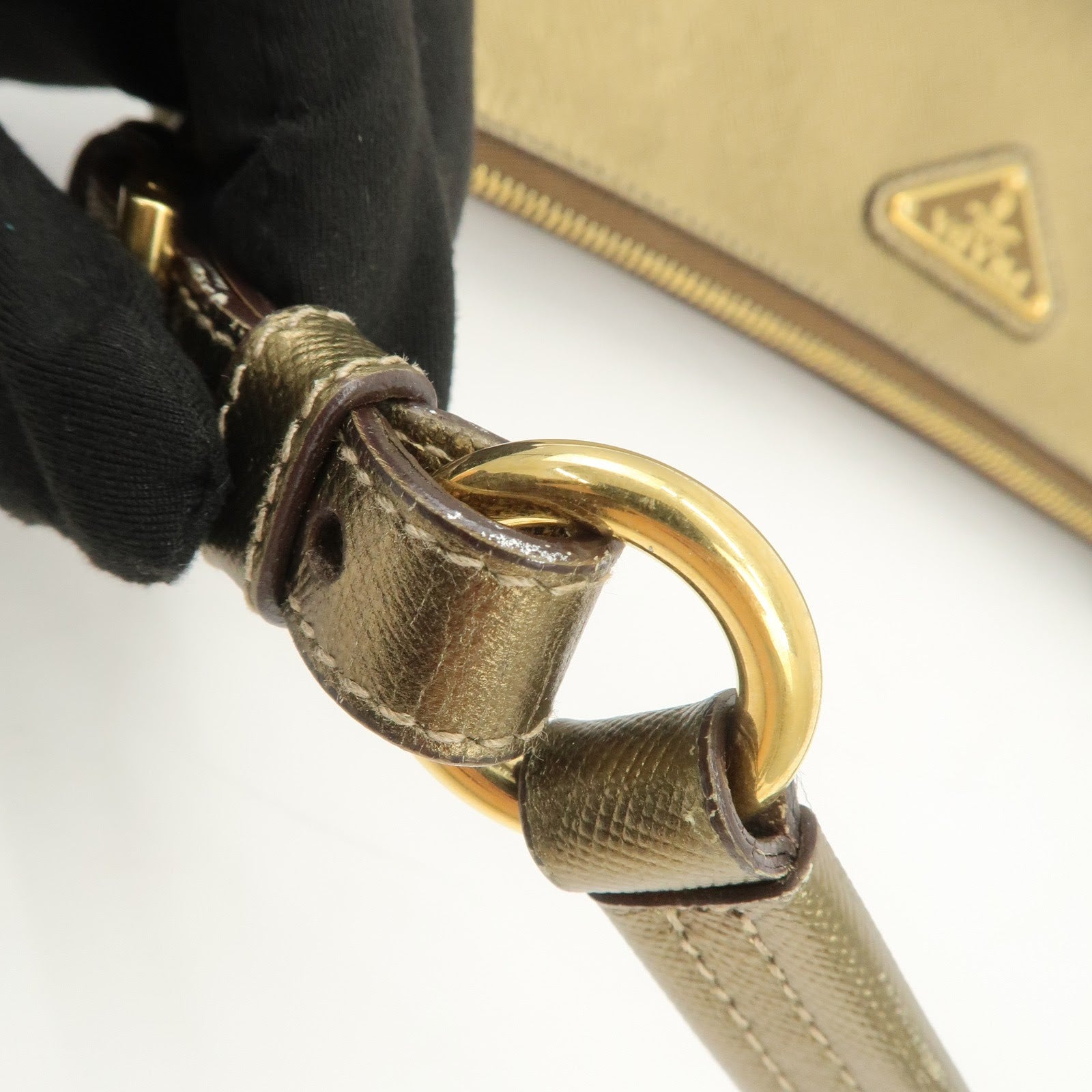 PRADA Triangle Logo Saffiano Leather Shoulder Bag Hand Bag Gold