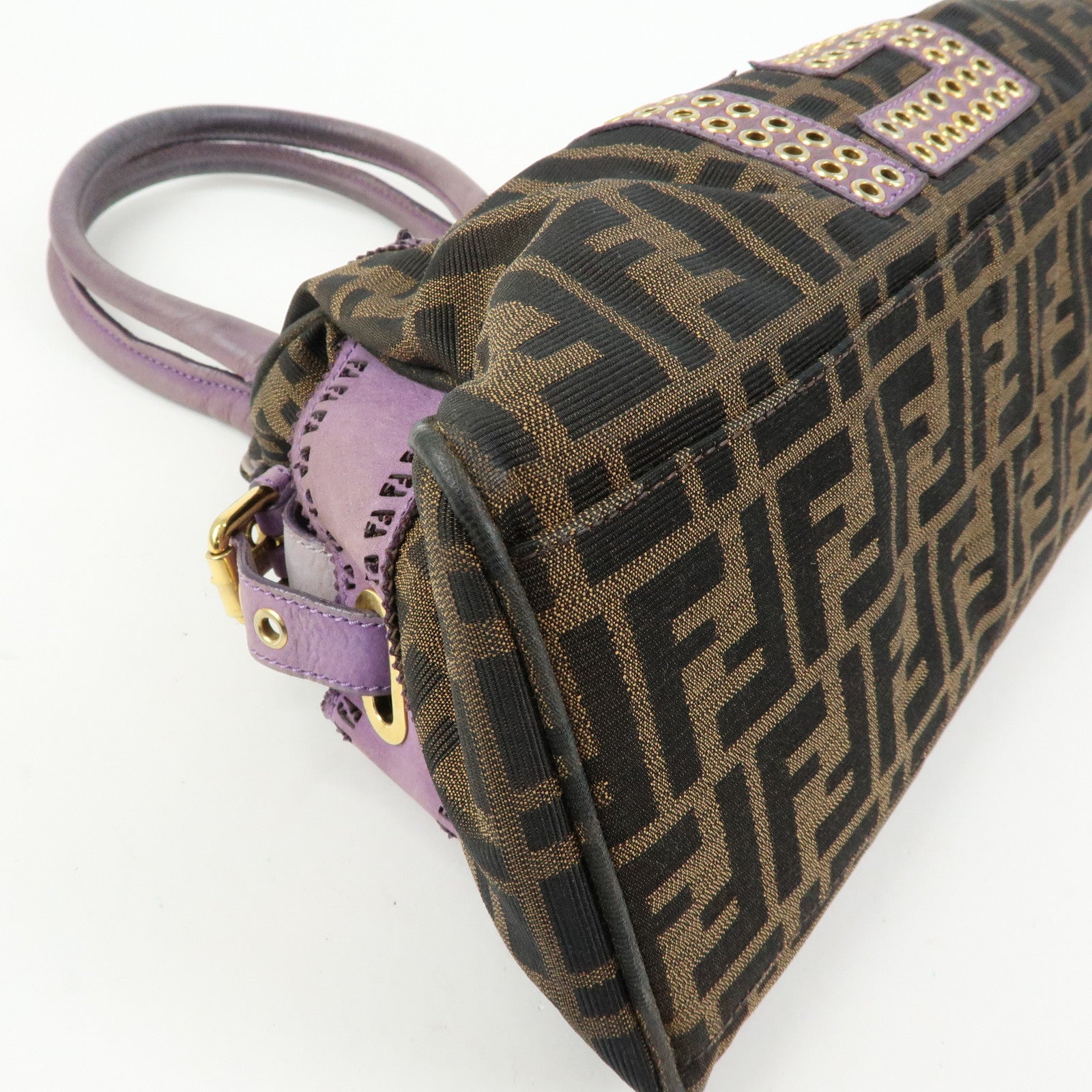 FENDI Ethnico Zucca Canvas Leather Shoulder Bag Brown Purple 8BN157