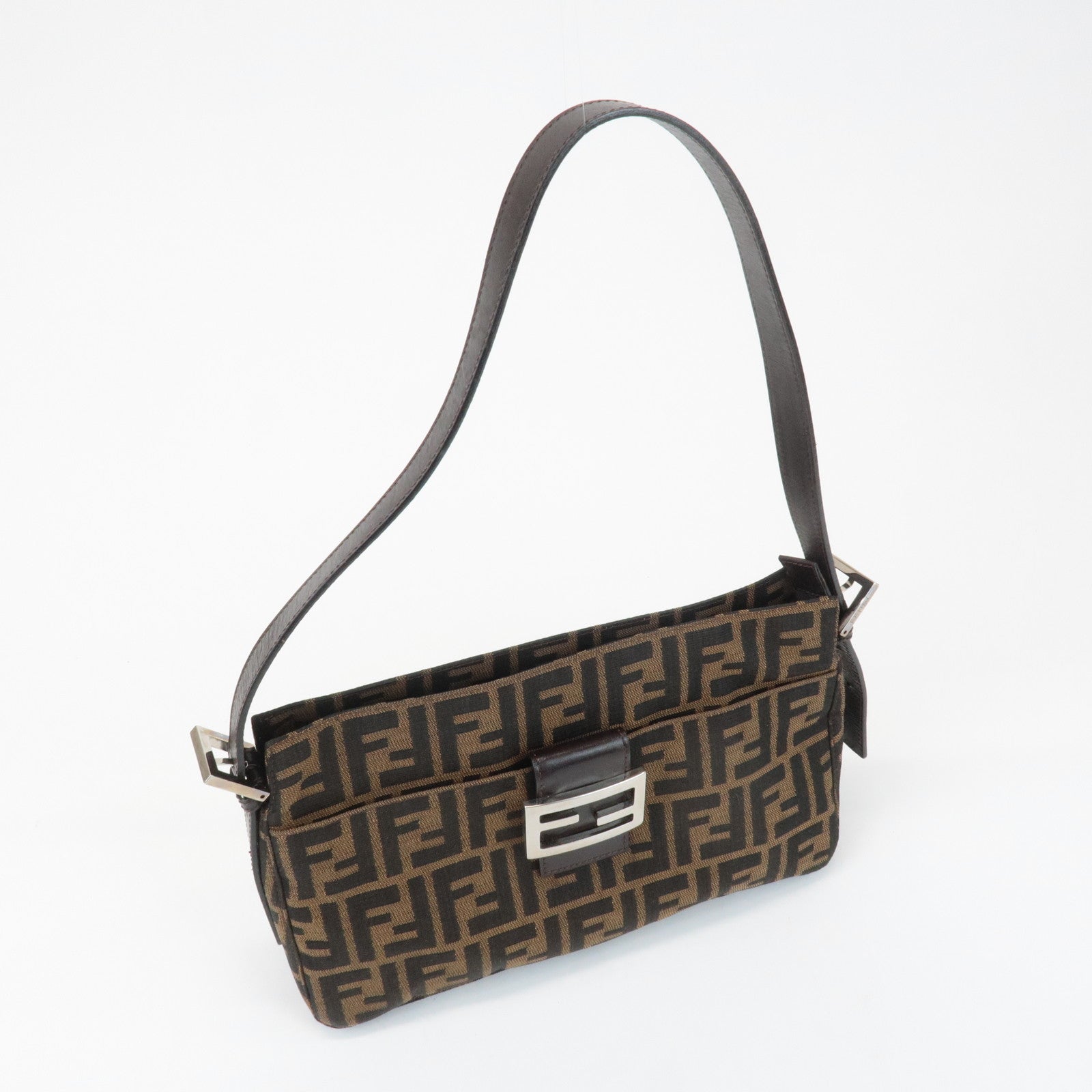 FENDI Zucca Canvas Leather Semi Shoulder Bag Black Brown 26566