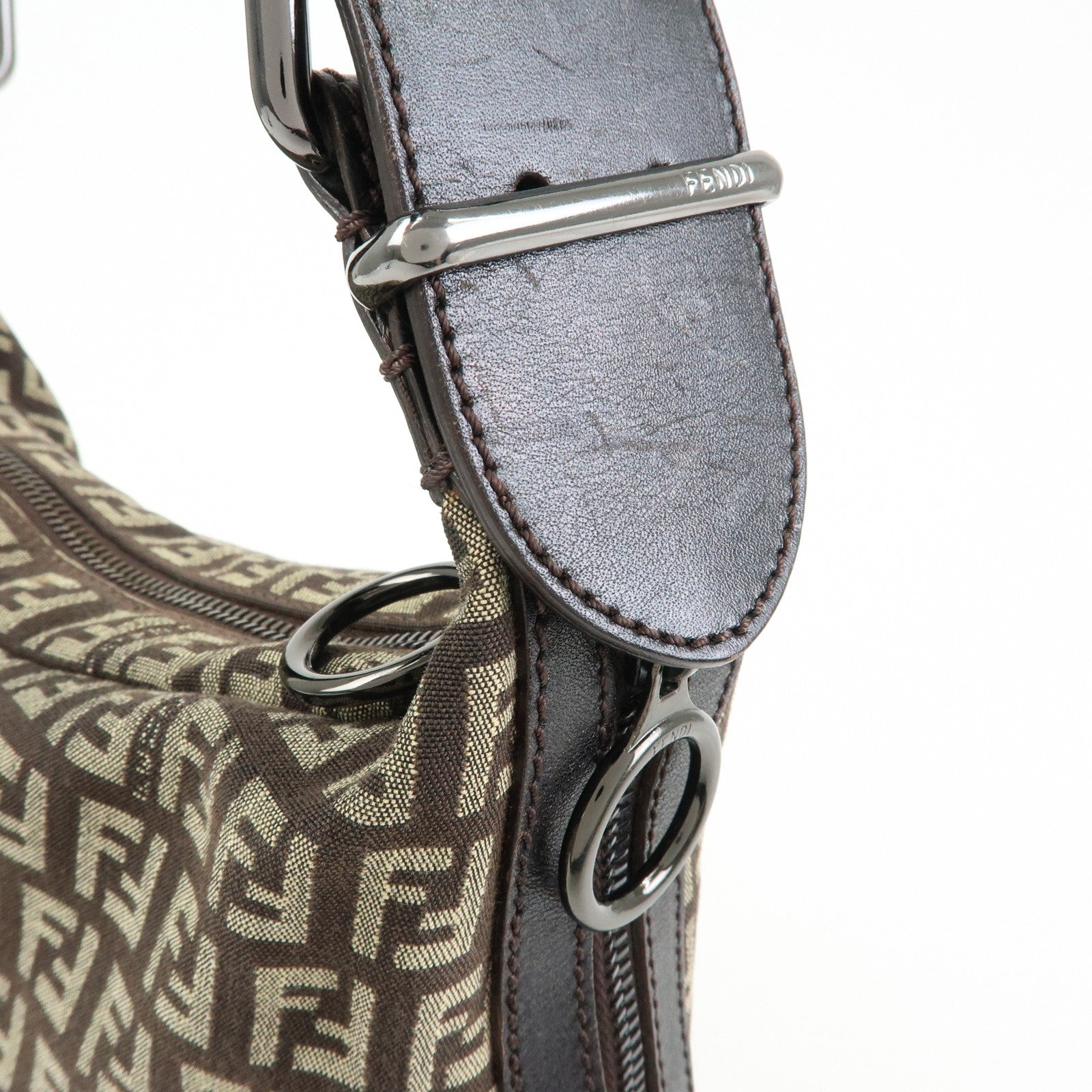FENDI Zucchino Canvas Leather Shoulder Bag Dark Brown 8BR228