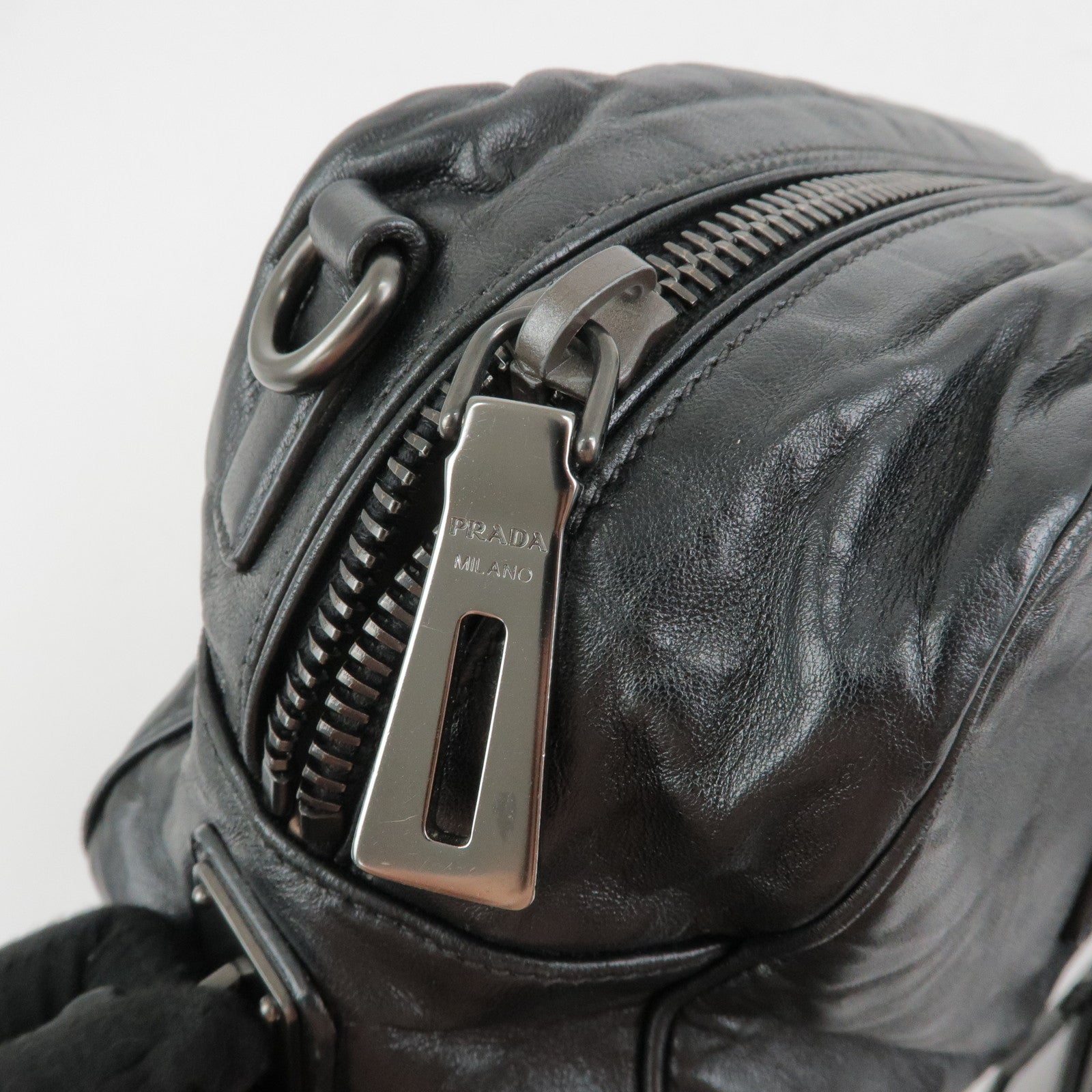 PRADA Leather Boston Bag Hand Bag Black BL0758