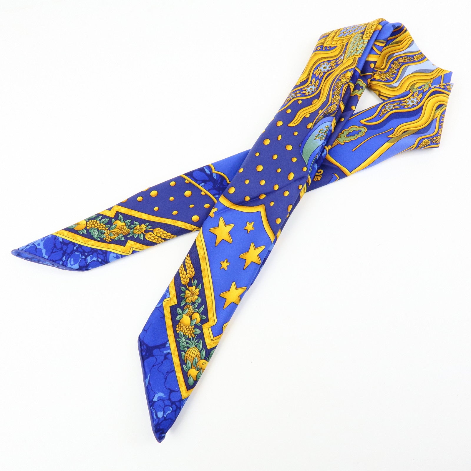 HERMES Carre 90 Silk 100% CARPE DIEM Scarf Navy Blue Yellow