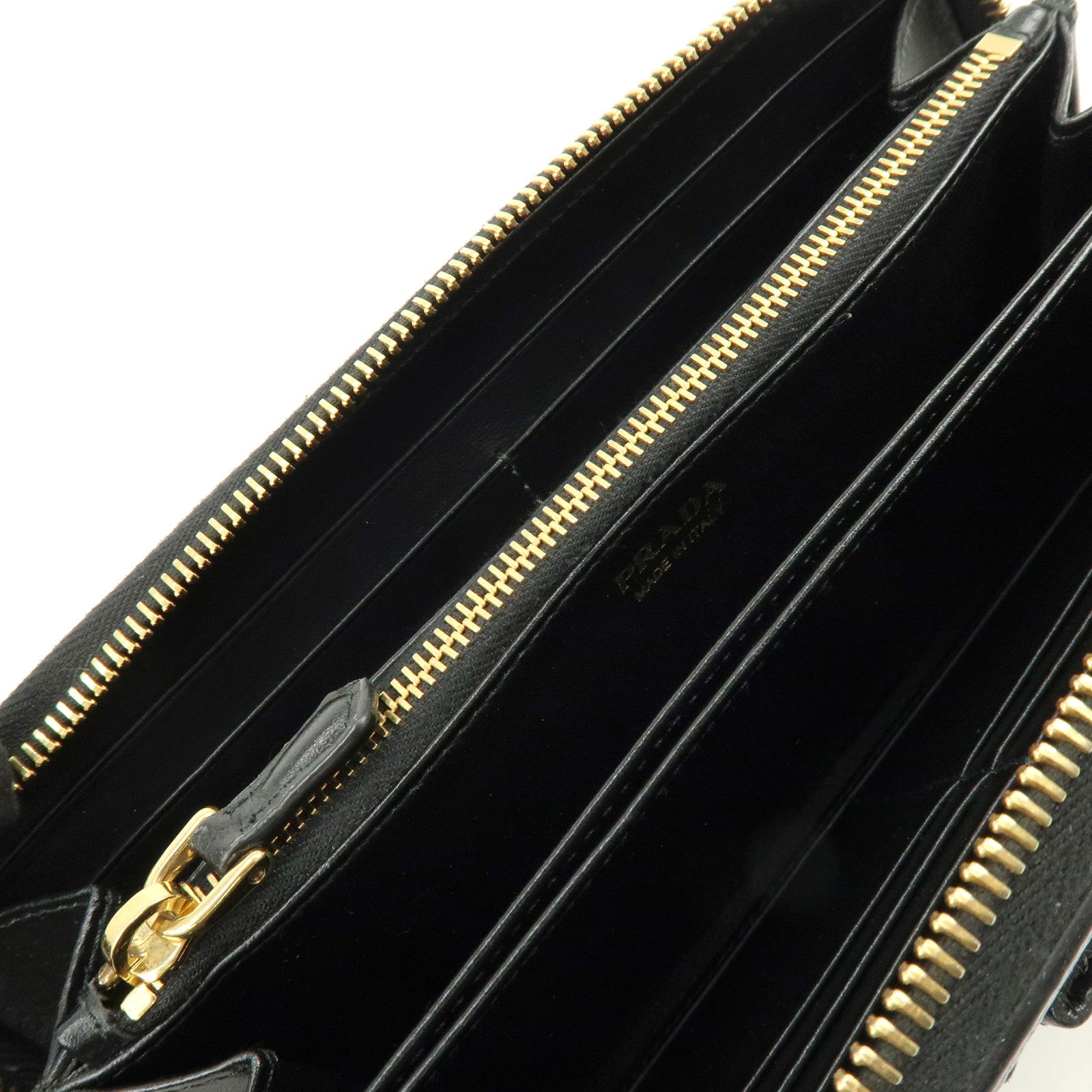 PRADA Ribbon Logo Leather Round Zippy Long Wallet Black