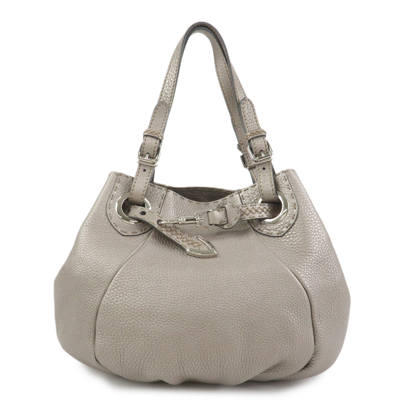 FENDI Selleria Leather Hand Bag Shoulder Bag Silver 8BR595