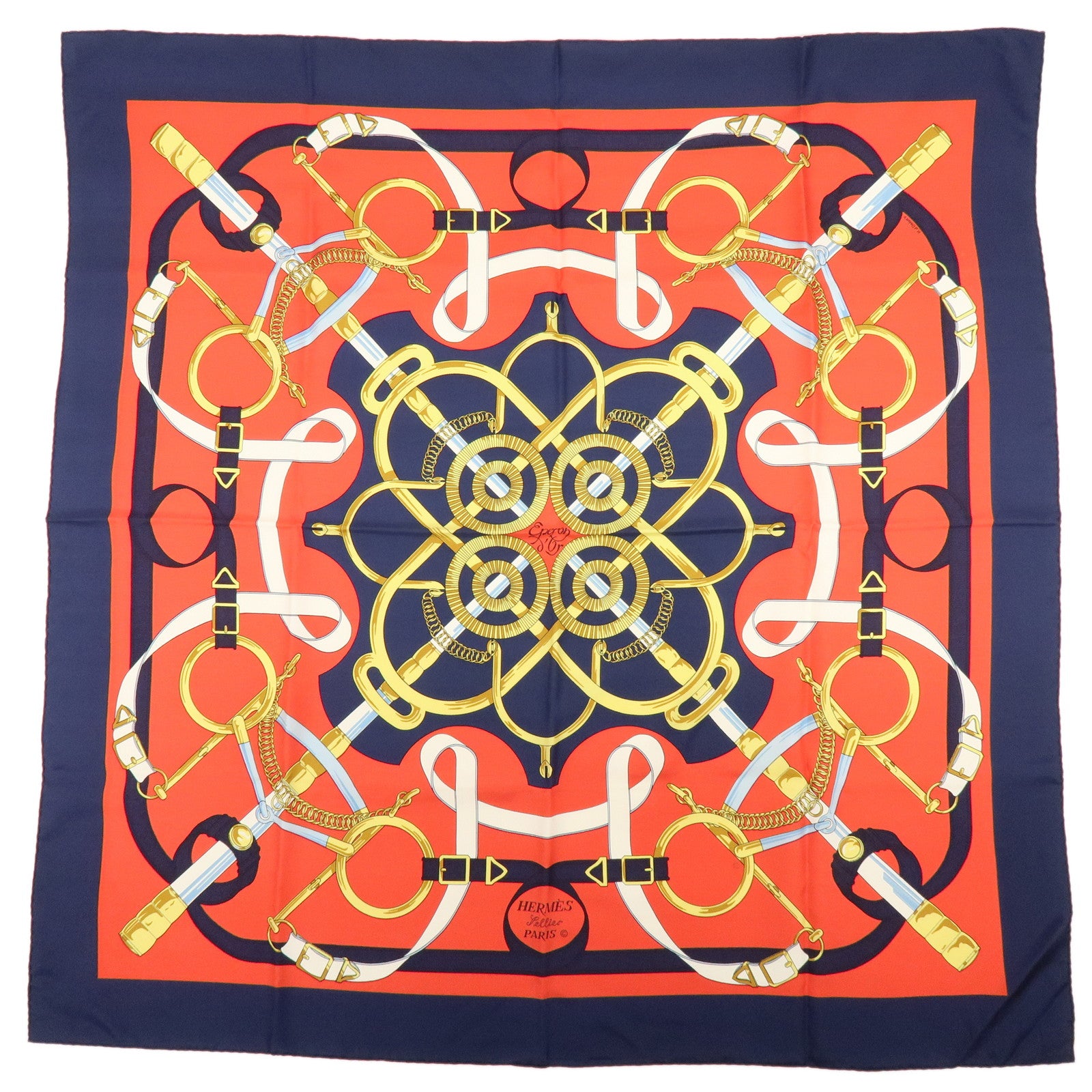 HERMES Carre 90 Silk 100% Eperon d'or Scarf Navy Red