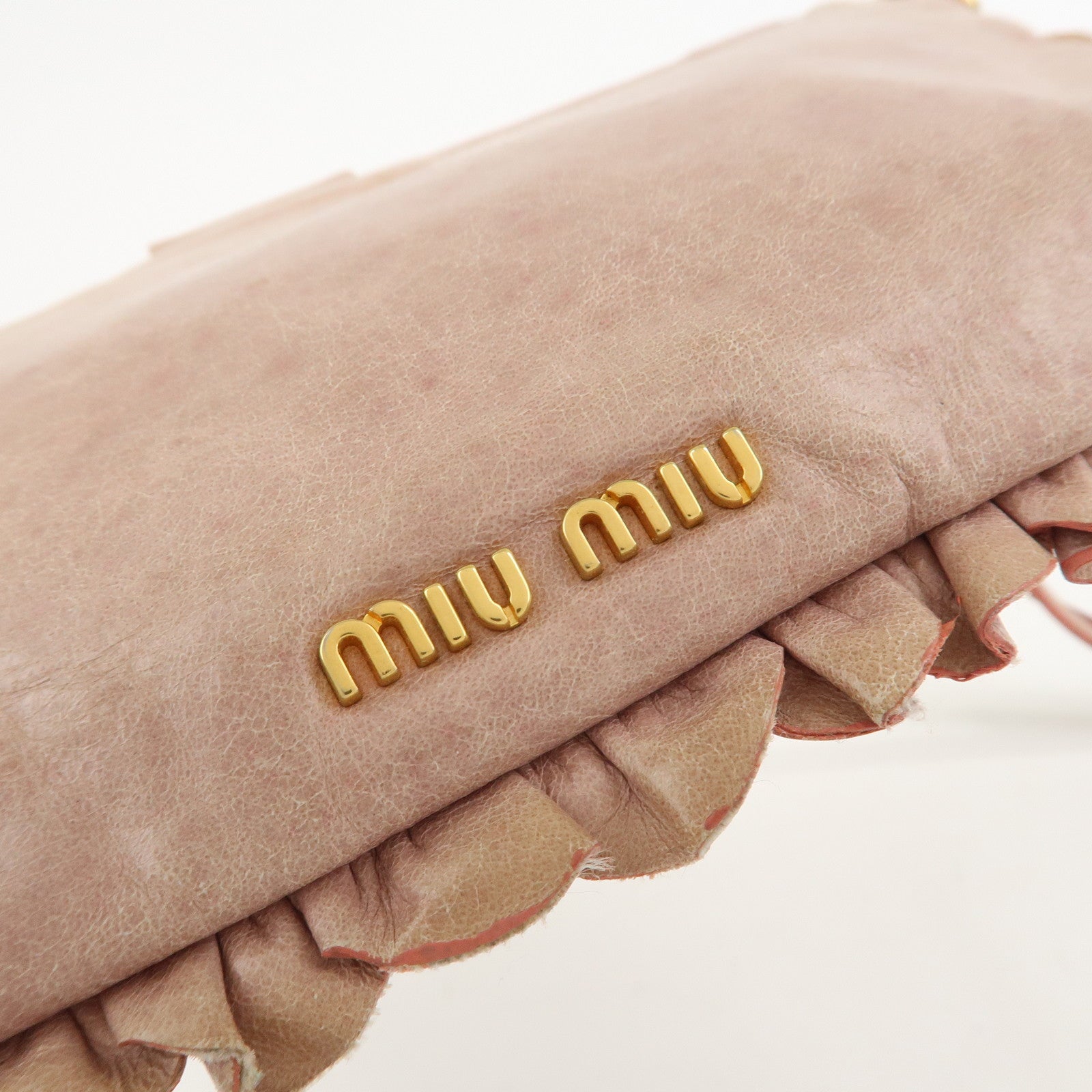 MIU MIU Logo Frilled Leather Shoulder Bag Crossbody Bag Pink Beige