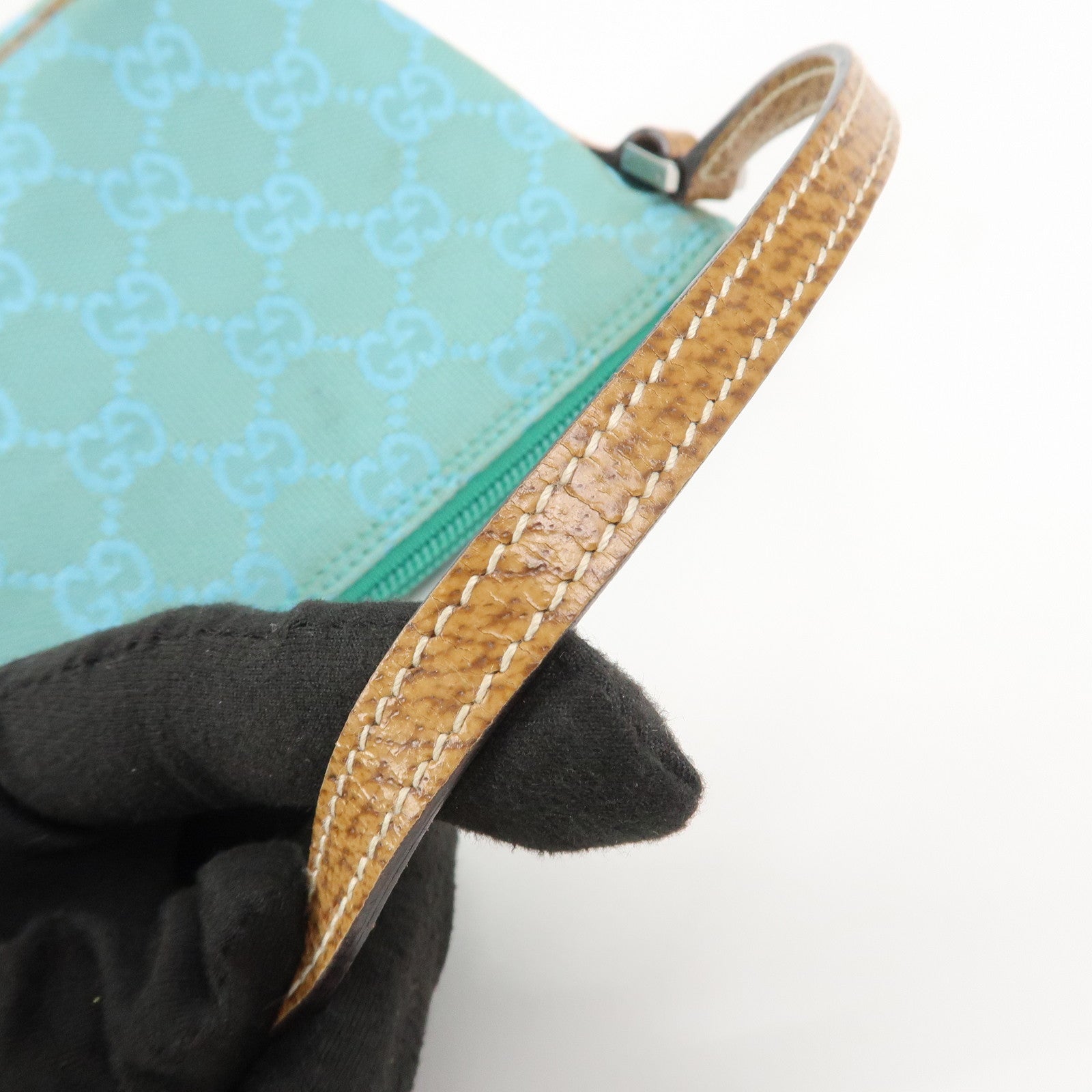 GUCCI Boat Bag GG Canvas Leather Hand Bag Pouch Blue 07198