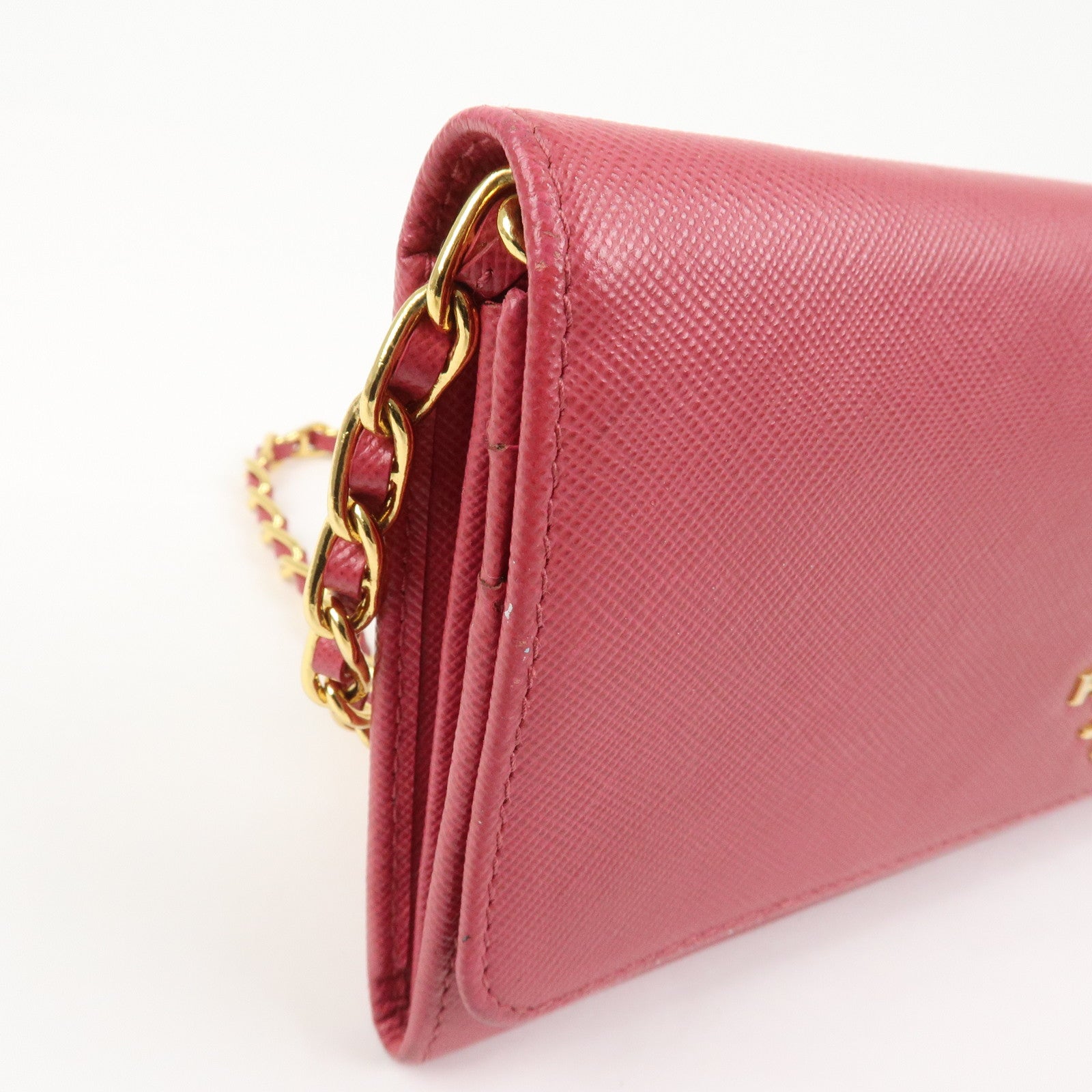 PRADA Logo Saffiano Leather WOC Chain Long Wallet Pink 1M1290