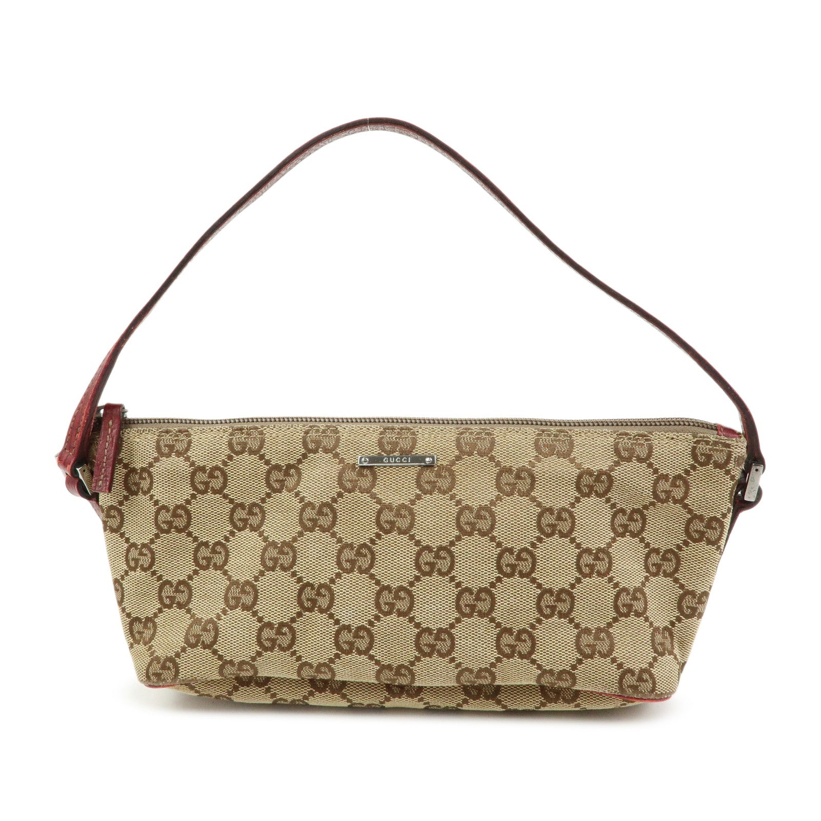 GUCCI Boat Bag GG Canvas Leather Hand Bag Accessory Pouch 07198 Auth Used F/S