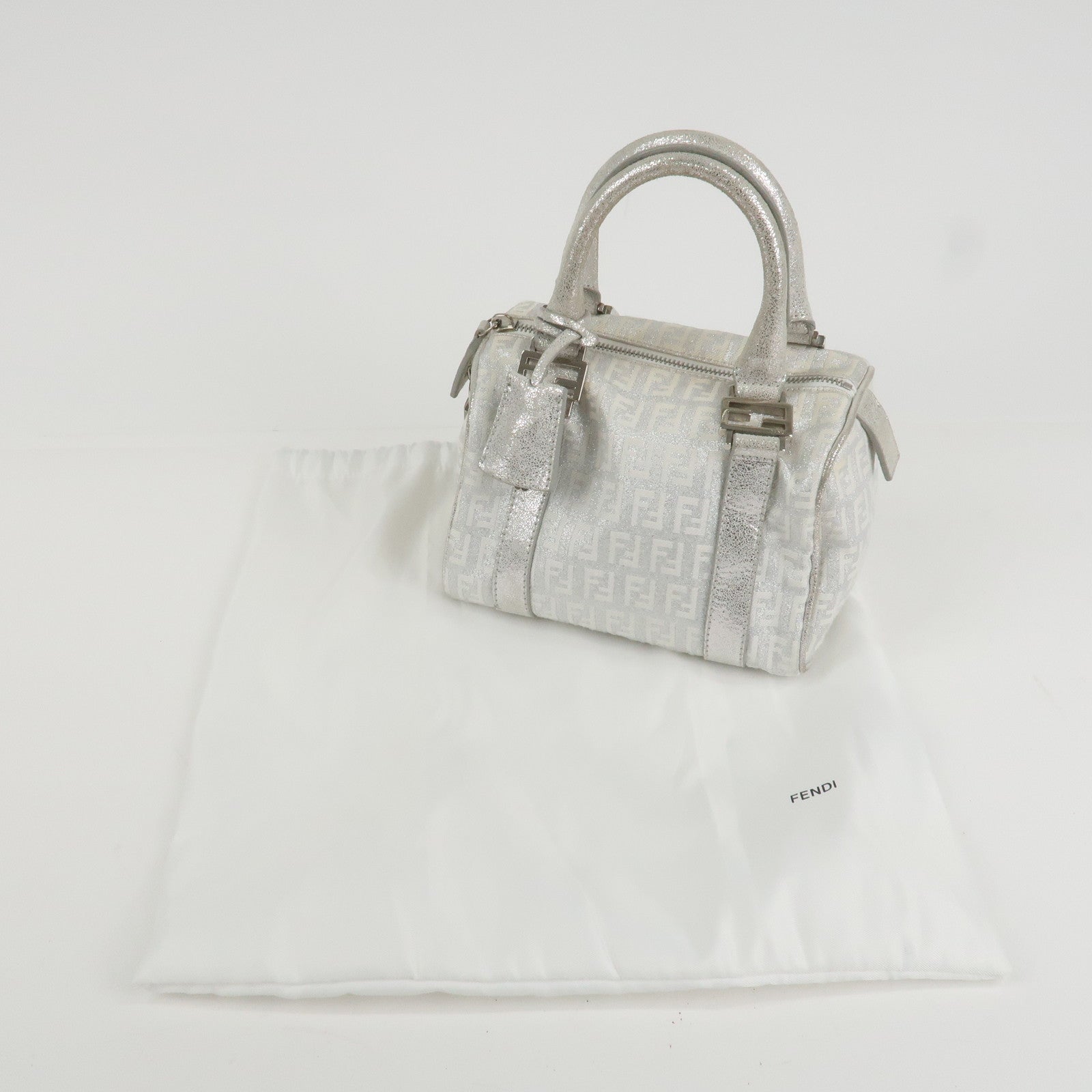 FENDI Zucchino Canvas Leather Mini Boston Bag Silver White 8BL071