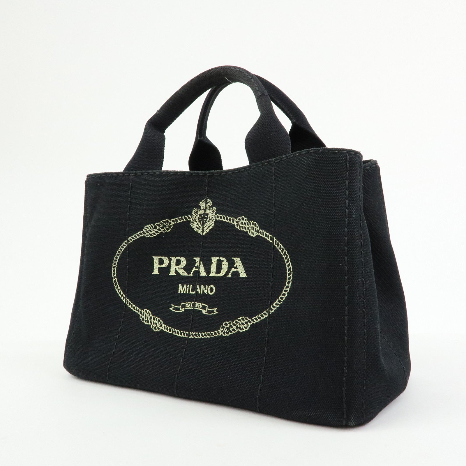 PRADA Canapa Triangle Logo Canvas Tote Bag Hand Bag Black